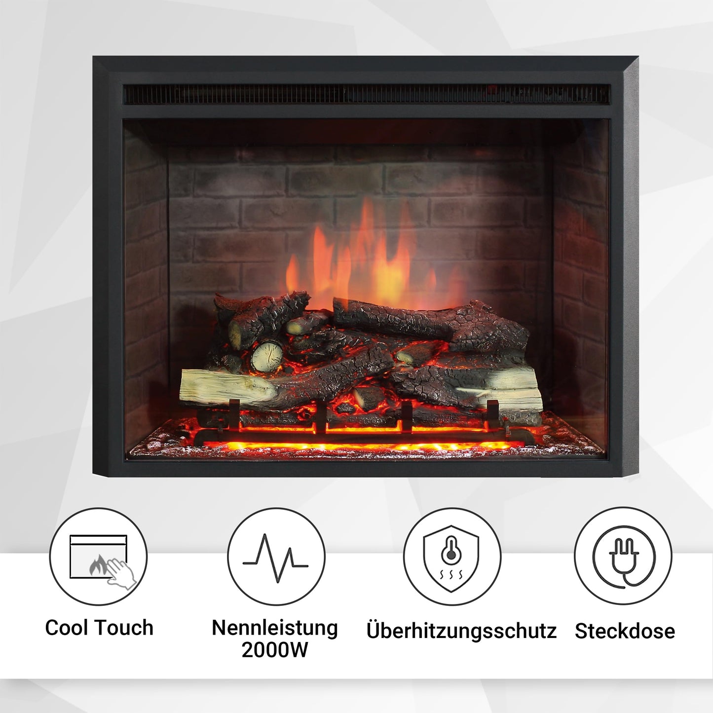 BALDERIA Calida 26" Elektrokamin - Elektrischer Einbaukamin mit 3D-Flammeneffekt | Elektro Heizung 2000W | Knister-Sound | Kamin mit Fernbedienung & Thermostat | Schwarz