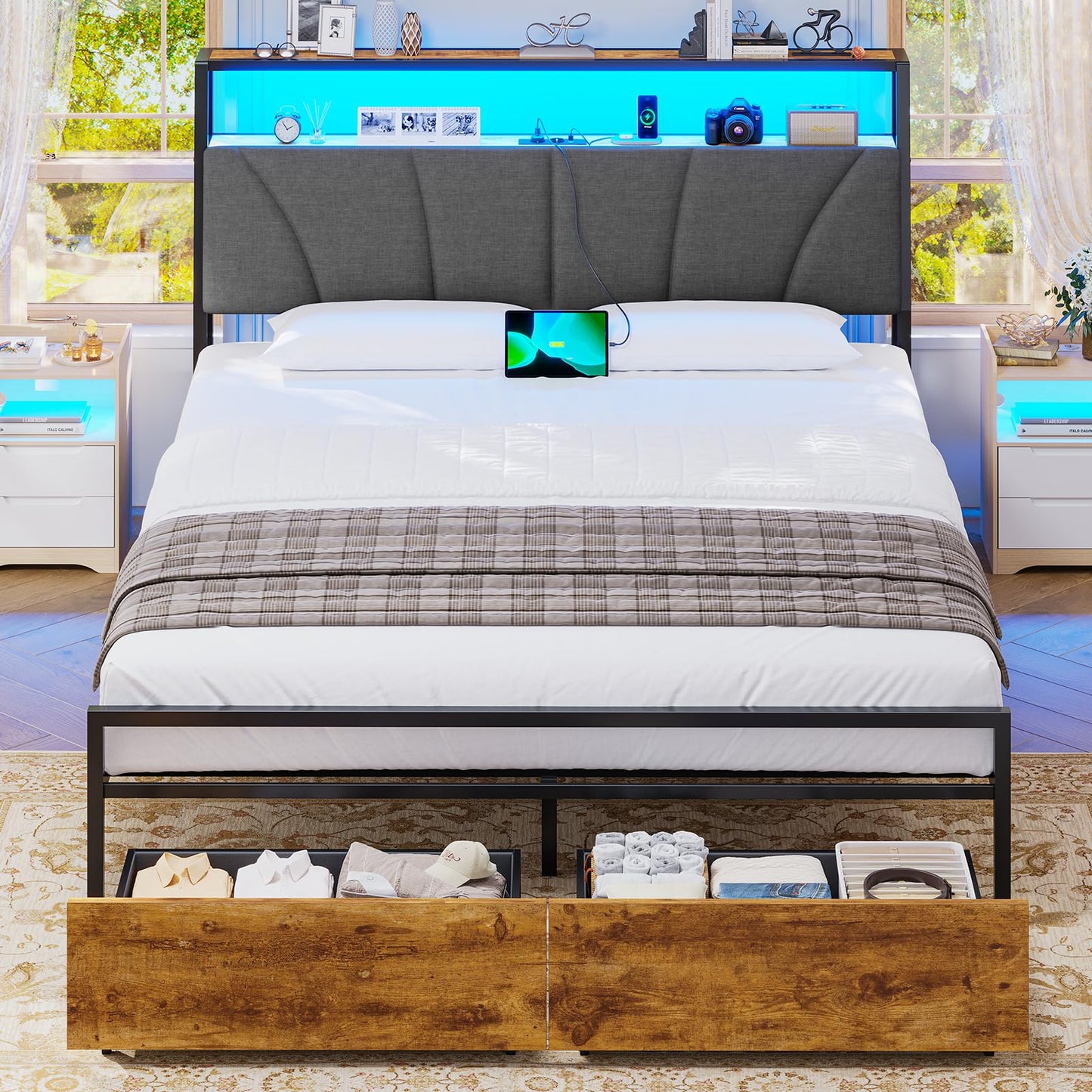Brinlawb Bed 140 x 200 cm with Metal Slatted Frame, Bed Frame 140 x 200 cm with LED Lighting and Charging Station (2 AC Sockets & 2 USB Ports), Double Bed with 2 Large Drawers, Grey