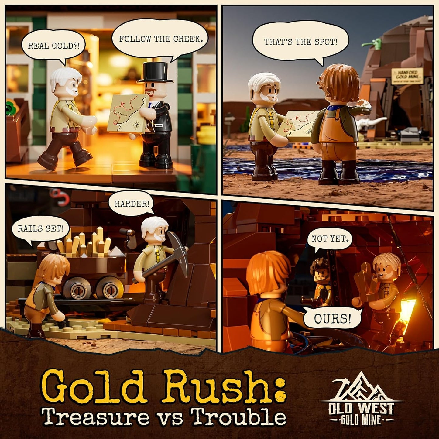 FUNWHOLE Goldmine Building Set with Lighting - 658 Building Blocks Western Mining Camp with Working Lorenwagon, Dynamite, Double-Sided Mini Figures & Tunnels - Wildwest Set for Adults & Teenagers