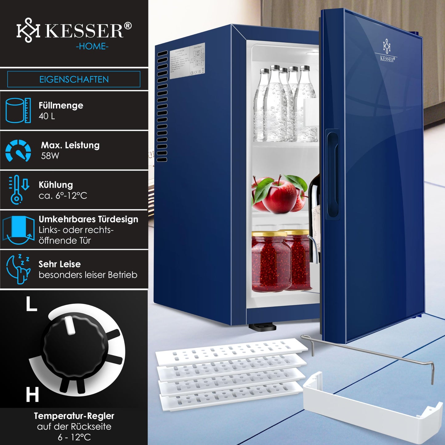 KESSER® Mini Fridge 40 L Lockable Mini Bar Ideal for Camping, Office, Bedroom, Hotel, Kitchen, Small Fridge Completely Silent, Interchangeable Door Hinge, Interior Lighting with Glass Opener