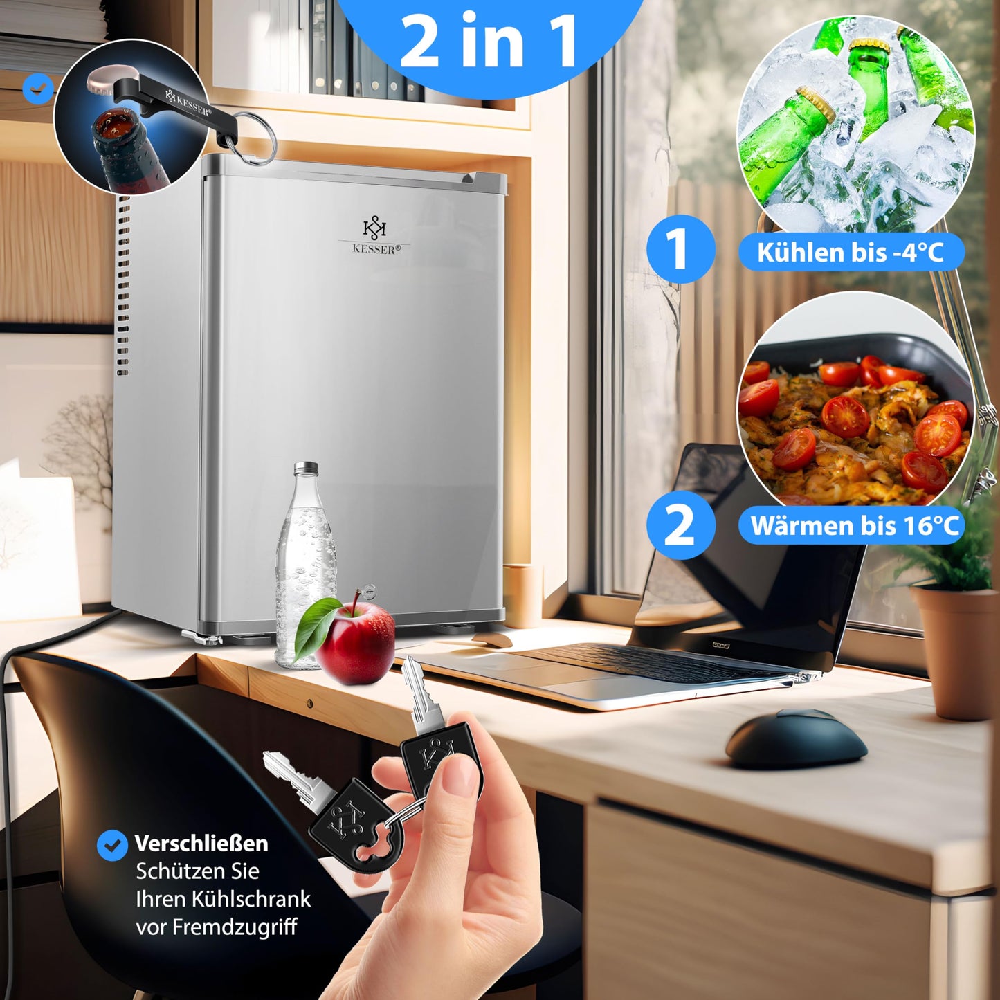KESSER® Mini Fridge 40 L Lockable Mini Bar Ideal for Camping, Office, Bedroom, Hotel, Kitchen, Small Fridge Completely Silent, Interchangeable Door Hinge, Interior Lighting with Glass Opener