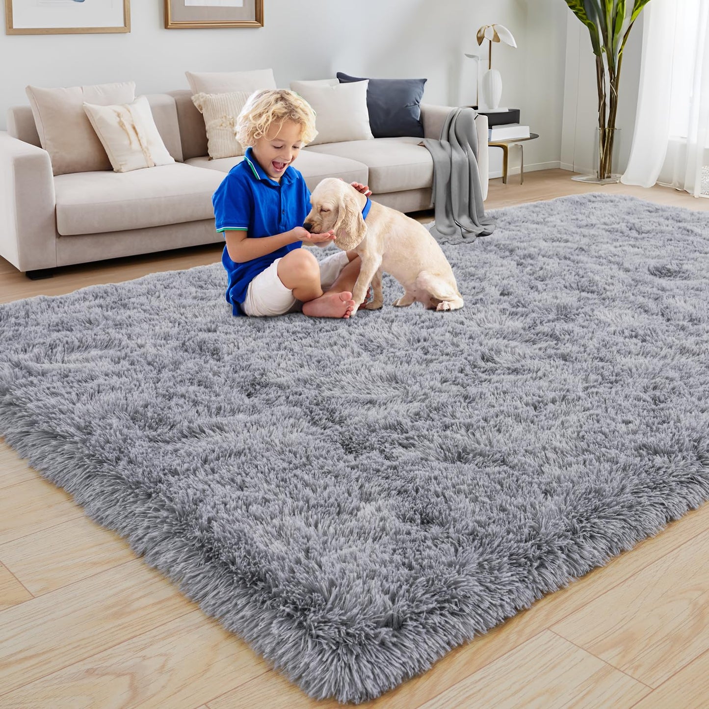 BSGIFT High Pile Rug, Grey, 160 x 230 cm, Shaggy Long Pile Fluffy Rug, Living Room, Modern Living Room Rug, Bed Rug, High-Pile Carpet, Non-Slip for Bedroom, Children's Room