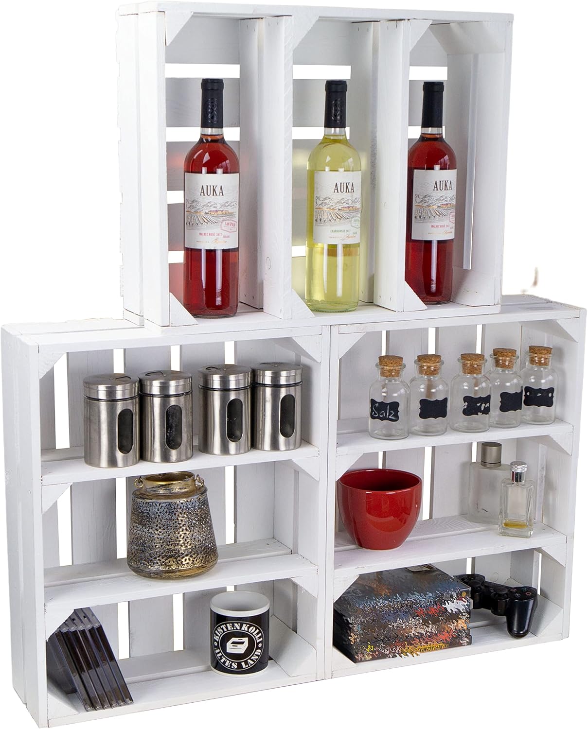 flache Obstkiste "Wilma" weiß mit zwei Einlegeböden / Zwischenbrettern ca 50x40x16cm/ Regalkiste Gewürzregal Apfelkiste / Weinkisten Ablageregal Aufbewahrungskiste (1er set Regal "Wilma"weiss)