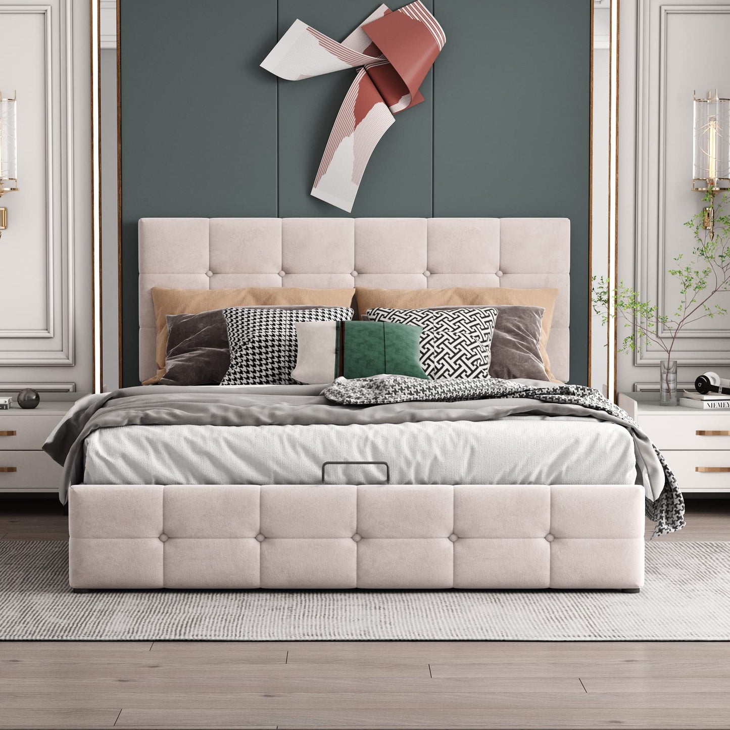 Gegtuon Upholstered Bed 140 x 200 cm, Double Bed with Headboard, Storage Bed Youth Bed with Hydraulic Storage Space Underbed, Functional Bed, Guest Bed, Bed Frame, Slatted Frame, Without Mattress,