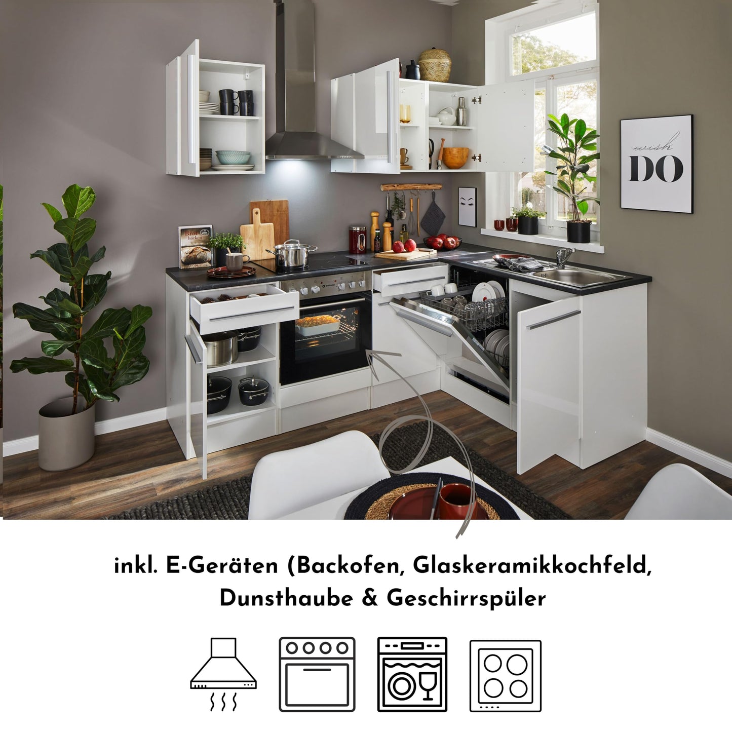 Jazz 8 Modern Corner Kitchen without Electrical Appliances in White High Gloss, Metallic Grey - Spacious Kitchen Unit in L-Shaped with Lots of Storage Space - 220 x 211 x 60 cm (W x H x D)