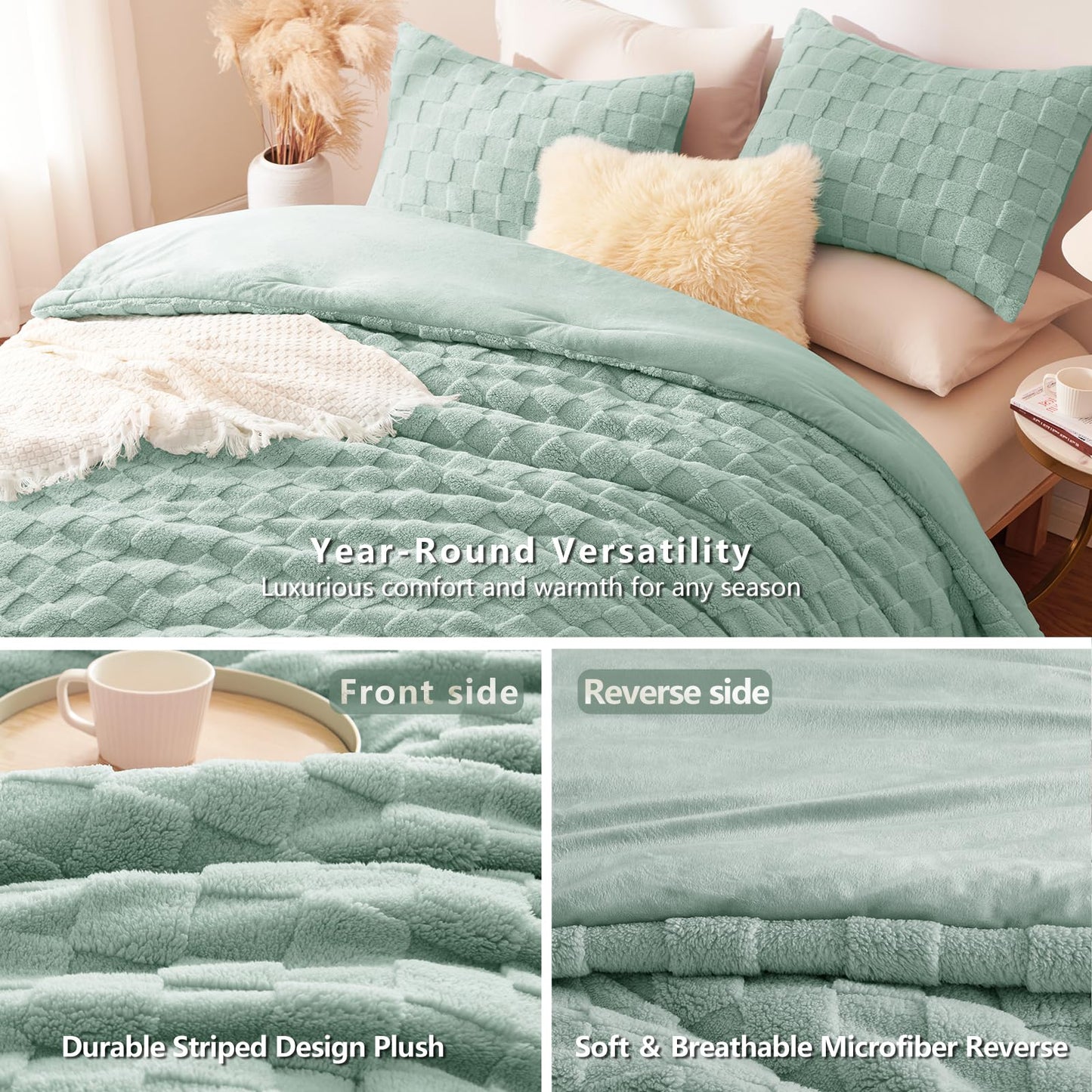 CozyLux Queen Size Comforter Set Blush Pink, Fluffy Plush Fleece Comforter with Checkered Pattern, Farmhouse Boho Soft Warm Bed Set, 3 Pieces, 1 Comforter and 2 Pillowcases