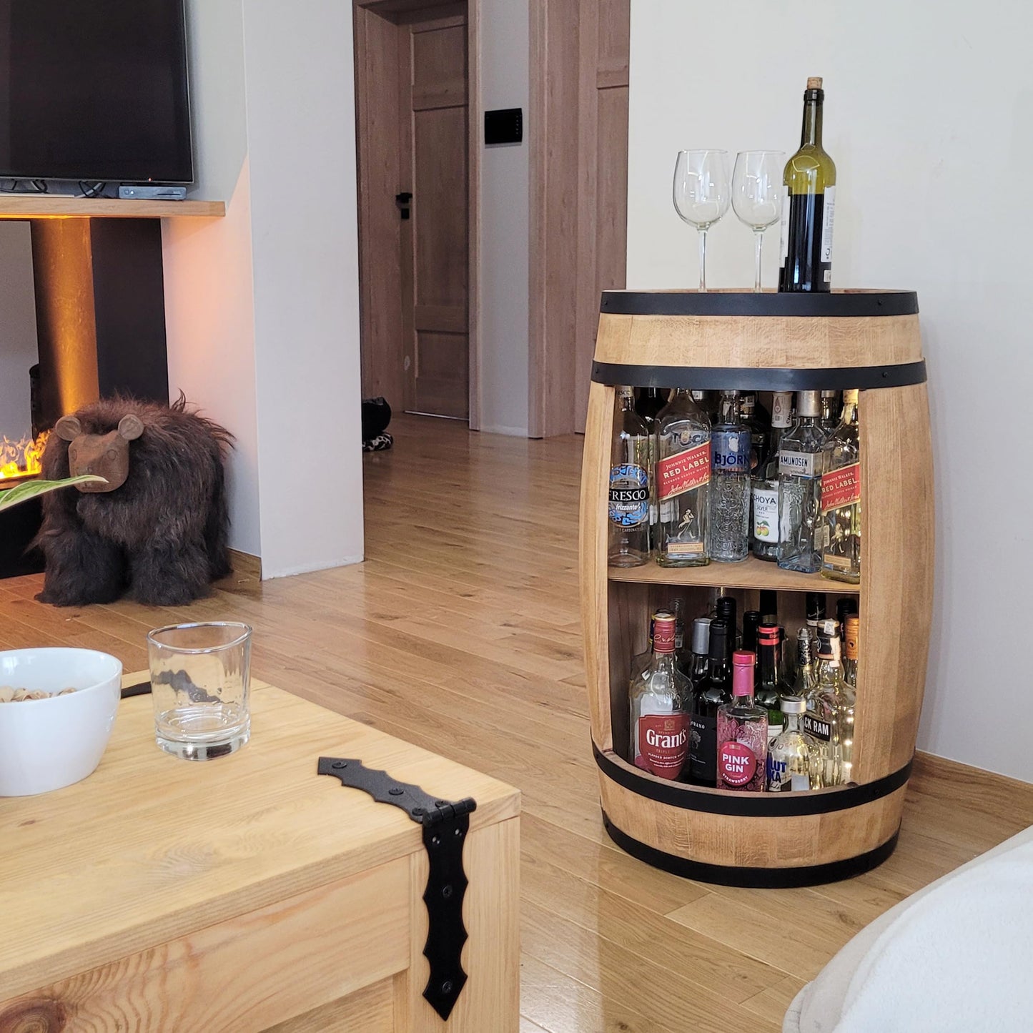 Barrel Bar with LED Lighting and Wine Holder Wine Rack - Wooden Barrel Home Bar 80 cm Rustic Decorative Bar Cabinet Wine Stand - Barrel Beer Wine Bottle Stand - Bar Whisky Gift (Dark Brown)