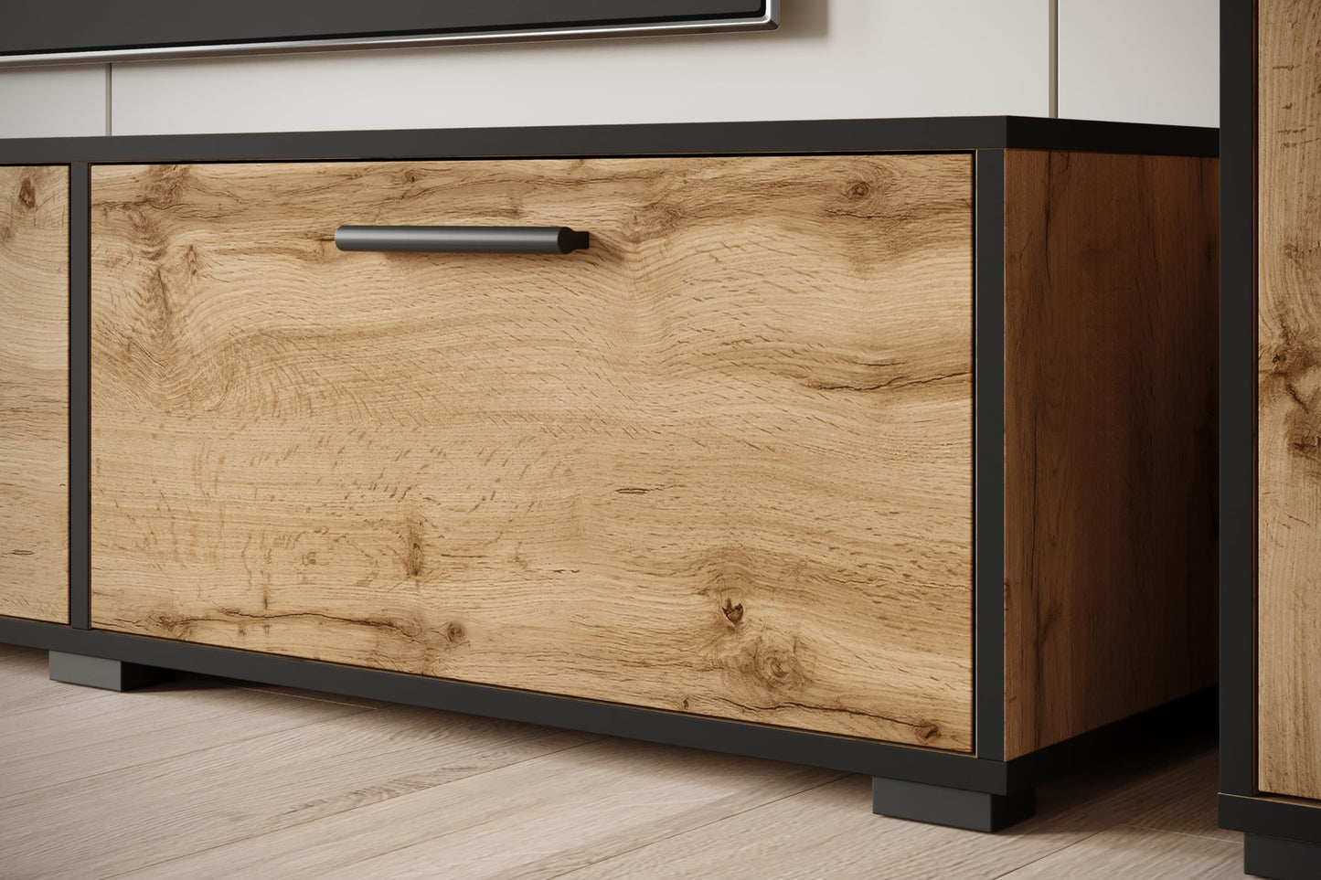 MINIO go for it - Living Room Wall Unit 4-Piece Toga, Living Room Furniture Set, 1 x TV Lowboard, 2 x Tall Cabinet, 1 x Wall Board, Living Room Furniture Complete, Living Room Set - Colour Wotan Oak
