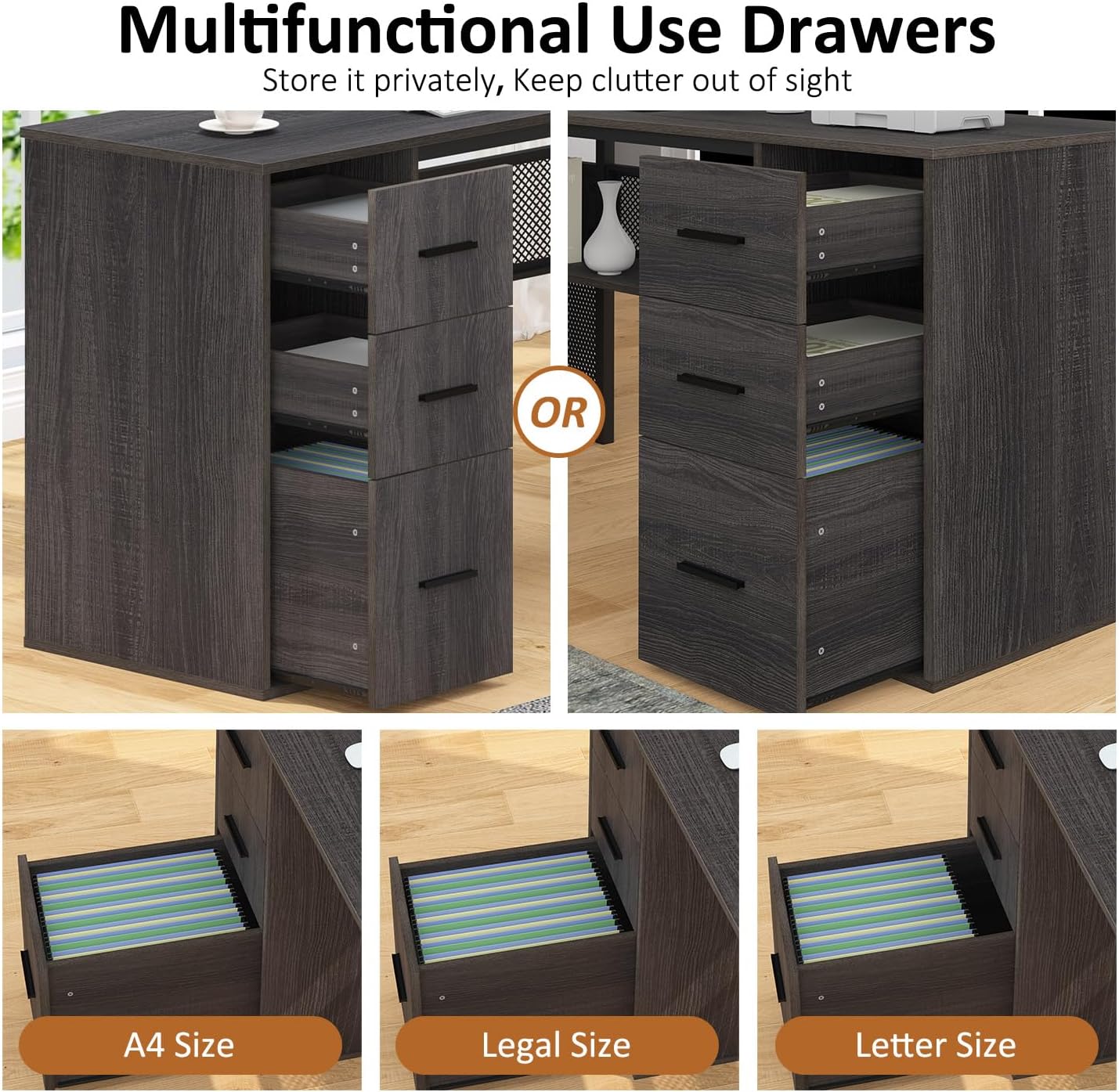 HSH - Black L Shape Corner Desk with Filing Drawers and Shelves, Reversible Corner Desk Made of Metal and Wood with Storage Cabinets