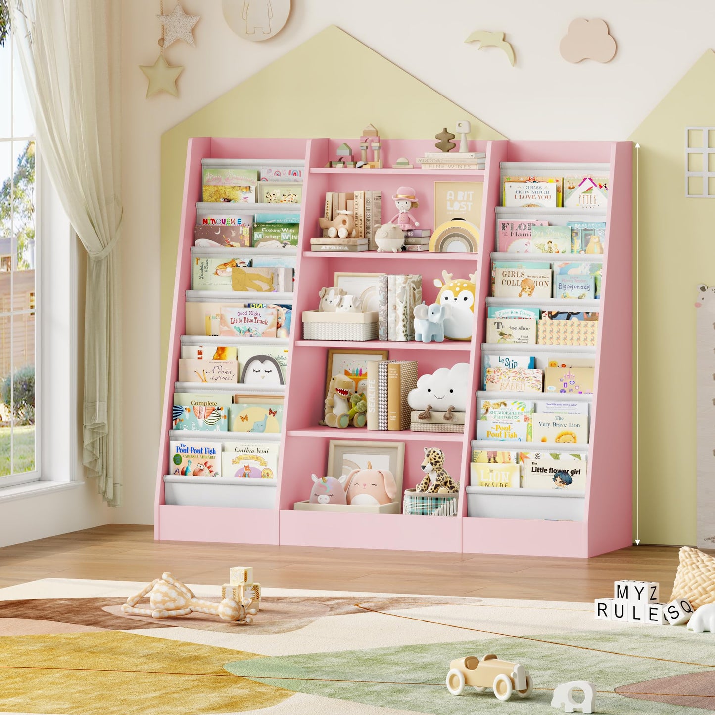 FOREHILL 129 cm Breite Kinderregal, Bücherregal für Kinder mit 14 Ablagen, Kinderzimmer Möbel aus Holz, Spielzeugregal, Regal für Kinderzimmer, Kindergarten, Leseecke, 129 x 120 x 35 cm (weiß)