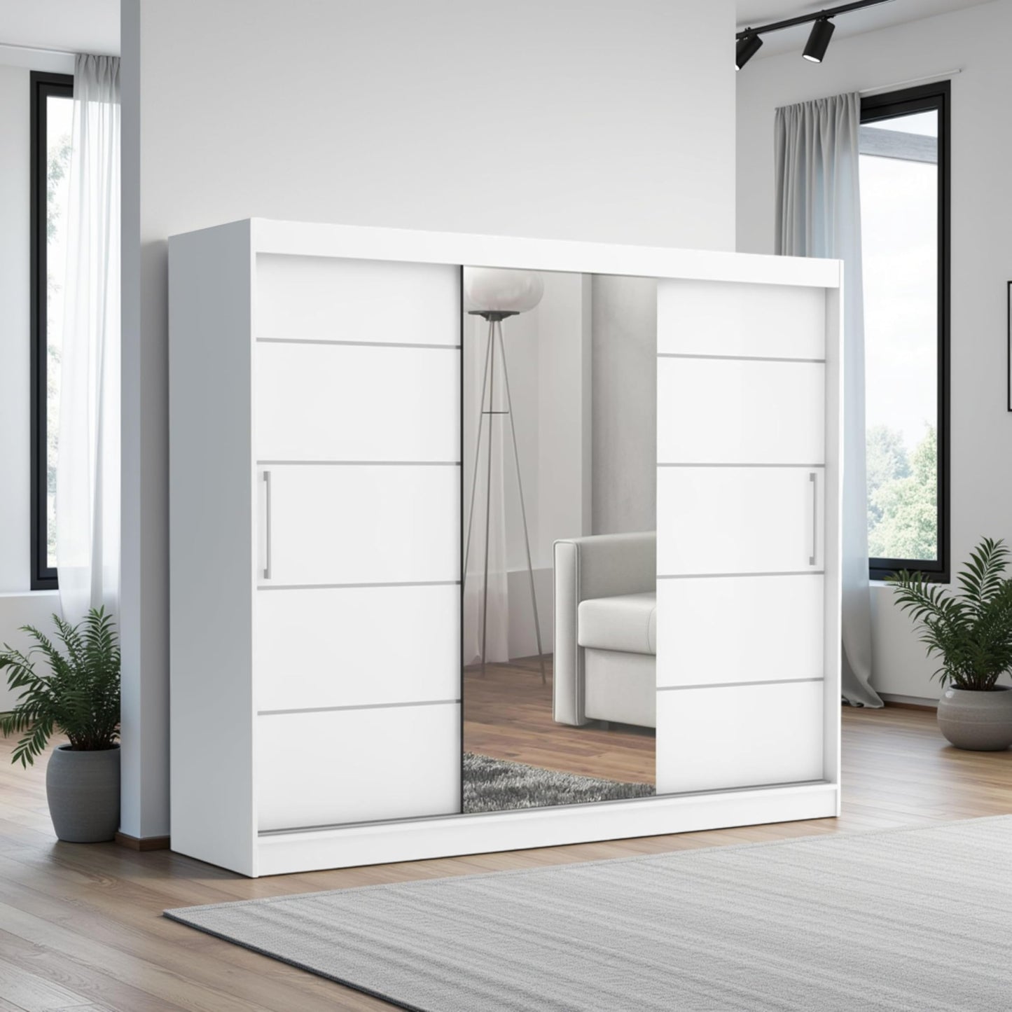 Brent - Kleiderschrank mit Spiegel und Schubladen 200cm Breit Chelsea Tomy, Schwebetürenschrank mit Spiegel, Schlafzimmerschrank, Kleiderschrank Schwarz/Wotan Eiche