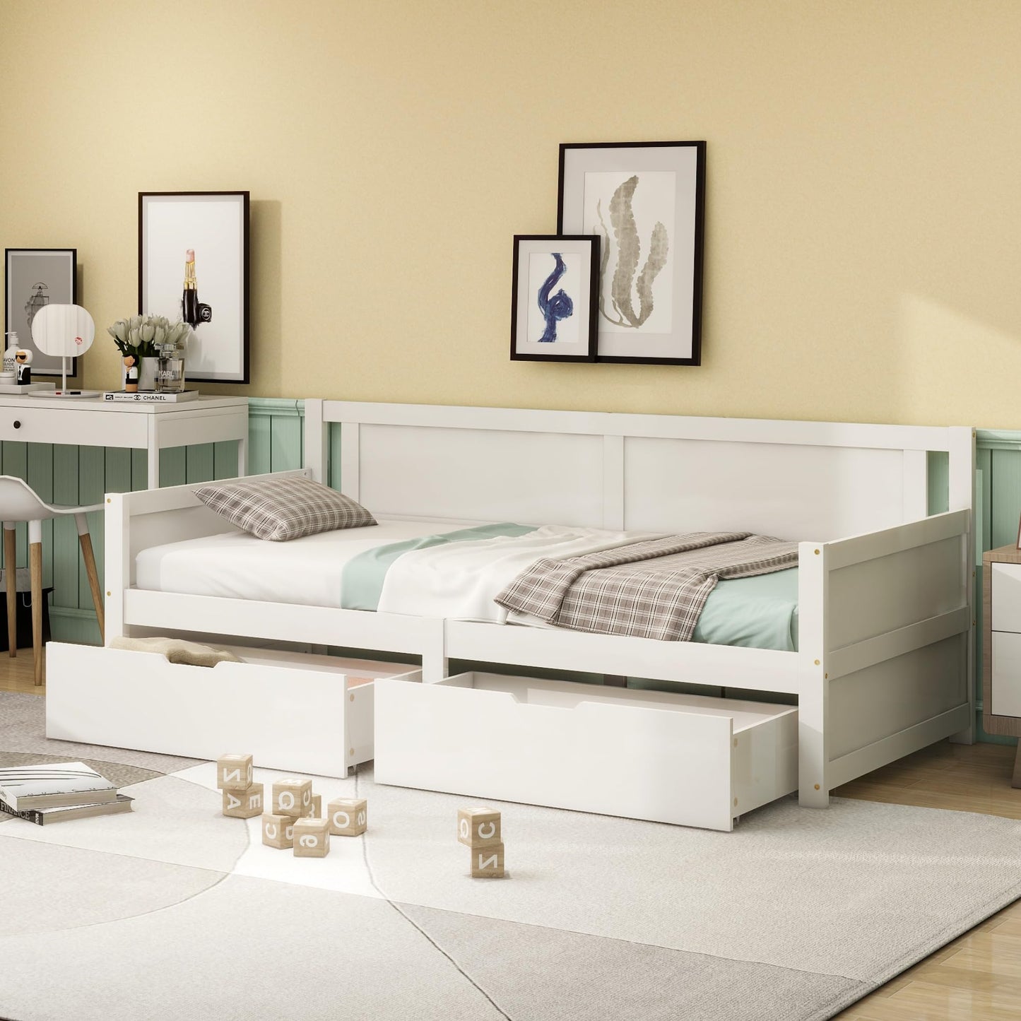 Children's Bed 90 x 200 cm, Wooden Bed with Drawers and Board, Headboard with Bookshelf and Fall Protection, Bed with Slatted Frame and Storage Space, Teenager's Bed, Functional Bed, Wooden Bed Frame,