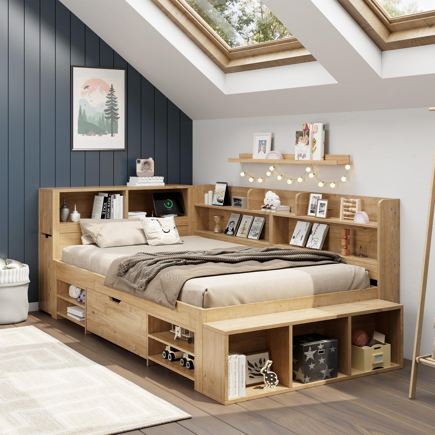 Children's Bed 90 x 200 cm, Wooden Bed with Drawers and Board, Headboard with Bookshelf and Fall Protection, Bed with Slatted Frame and Storage Space, Teenager's Bed, Functional Bed, Wooden Bed Frame,