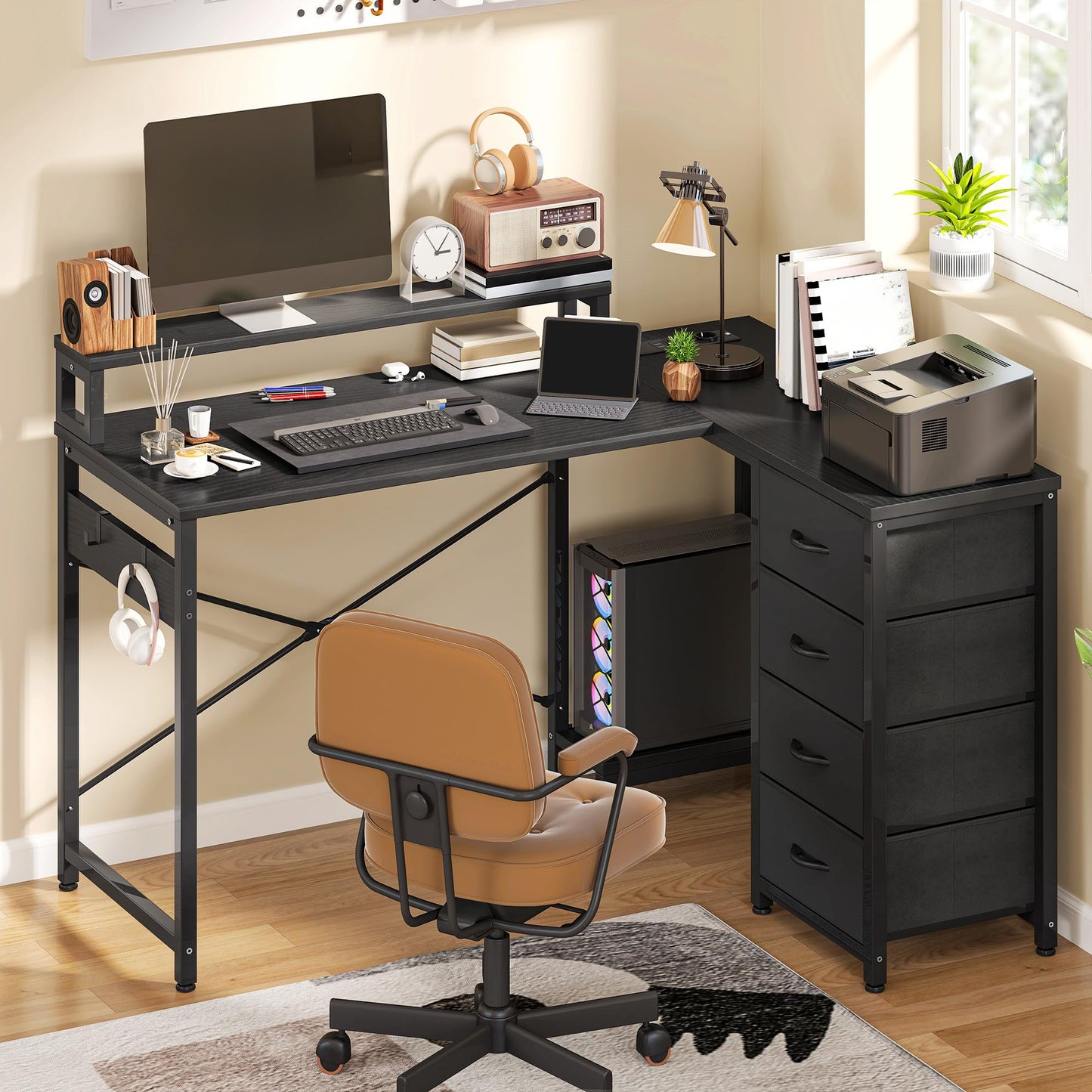YITAHOME Desk, Reversible Corner Desk with 4 Drawers, L Shape Desk with 2 Sockets and 2 USB Charging Ports, Office Table L Shape with LED, 130 x 100 cm, Corner Table with Monitor Shelf, White