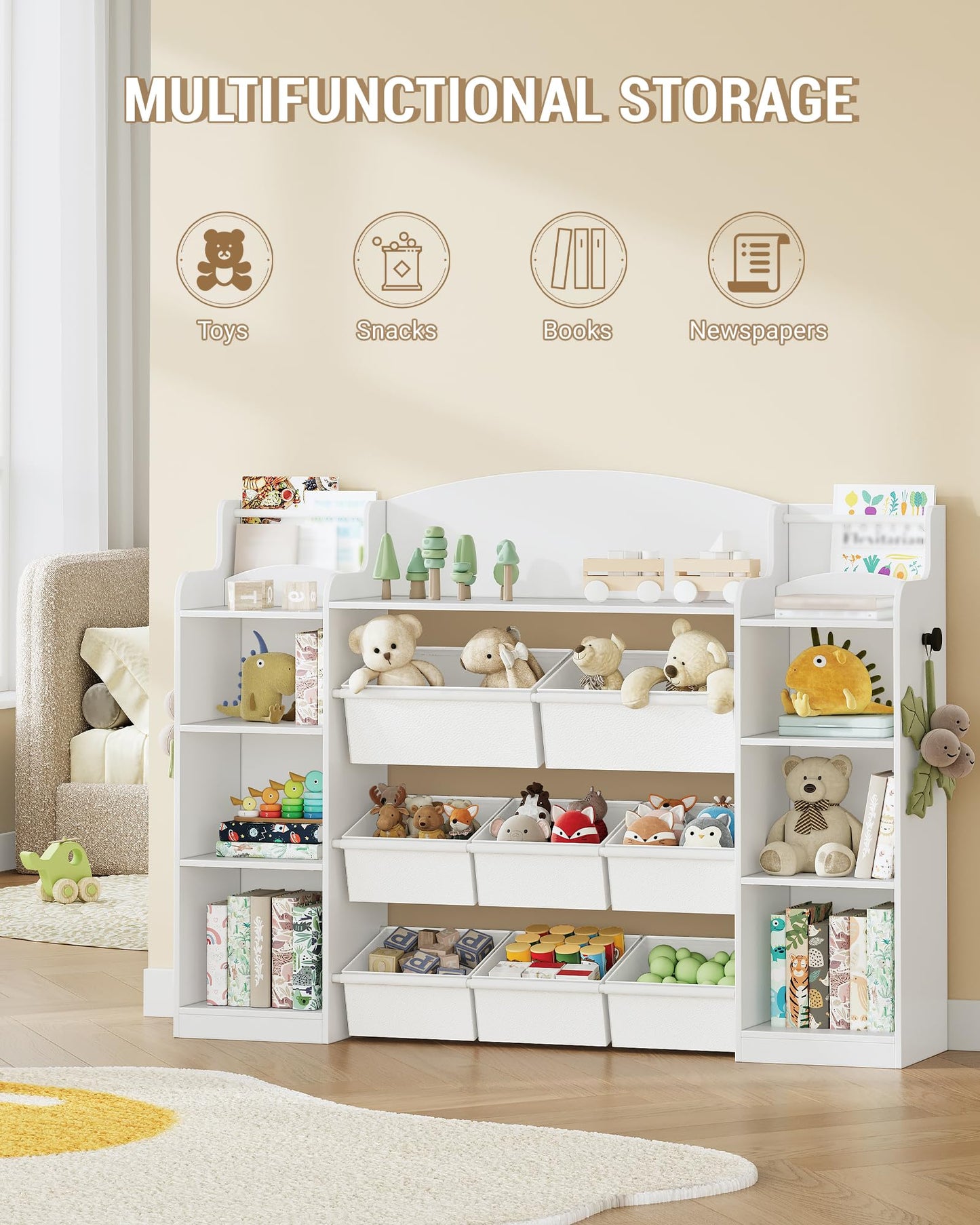 Hzuaneri KB43003W Children's Bookcase, Wooden Bookcase, Toy Shelf with 8 Fabric Drawers for Children's Room, Living Room, Study, White, 30 x 140 x 100 cm