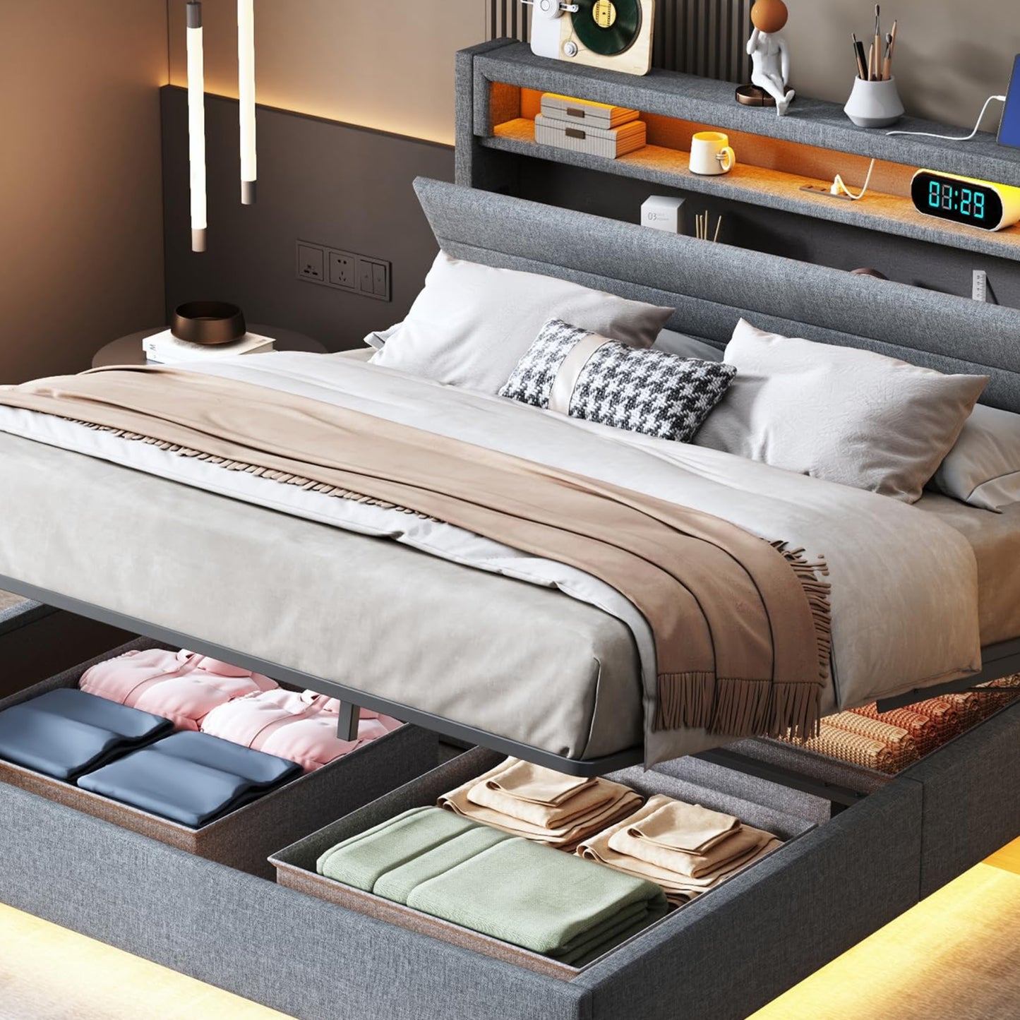 LAKFEW Upholstered Bed 140 x 200 cm, Double Bed Functional Bed with USB Socket and LED Lighting, Hanging Bed Headboard with Concealed Storage Space, Bed Frame Bed with Slatted Frame, Linen, Without