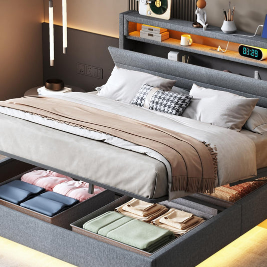 LAKFEW Upholstered Bed 140 x 200 cm, Double Bed Functional Bed with USB Socket and LED Lighting, Hanging Bed Headboard with Concealed Storage Space, Bed Frame Bed with Slatted Frame, Linen, Without