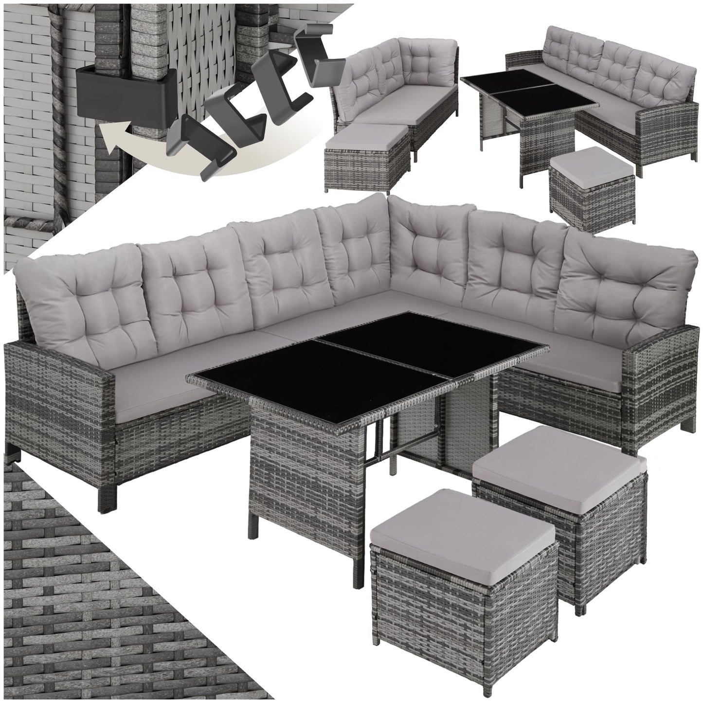 tectake Polyrattan Lounge Set, Garden Furniture Set with Sofa, Stool + Table, Balcony Furniture Outdoor, 5-Piece Seating Set, Including Seat and Back Cushion, Ideal for Garden, Patio, Balcony -