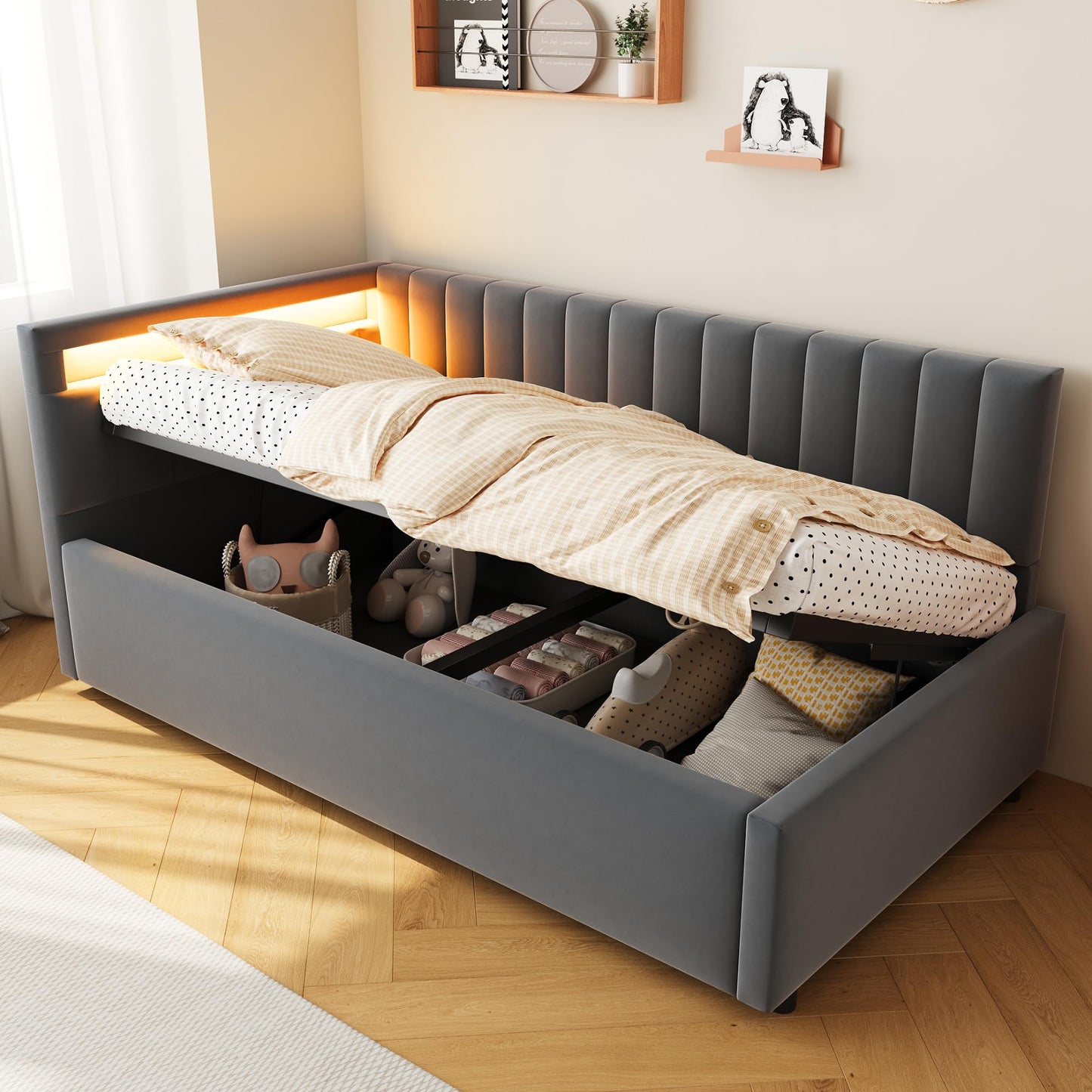 KEYIDE Upholstered Sofa Bed, 140 x 200 cm with LED Lighting and USB Charging, Bed Frame with Wooden Slatted Frame, Day Bed, Guest Bed, Youth Bed, Velvet Fabric, Without Mattress (Grey, 140 x 200)
