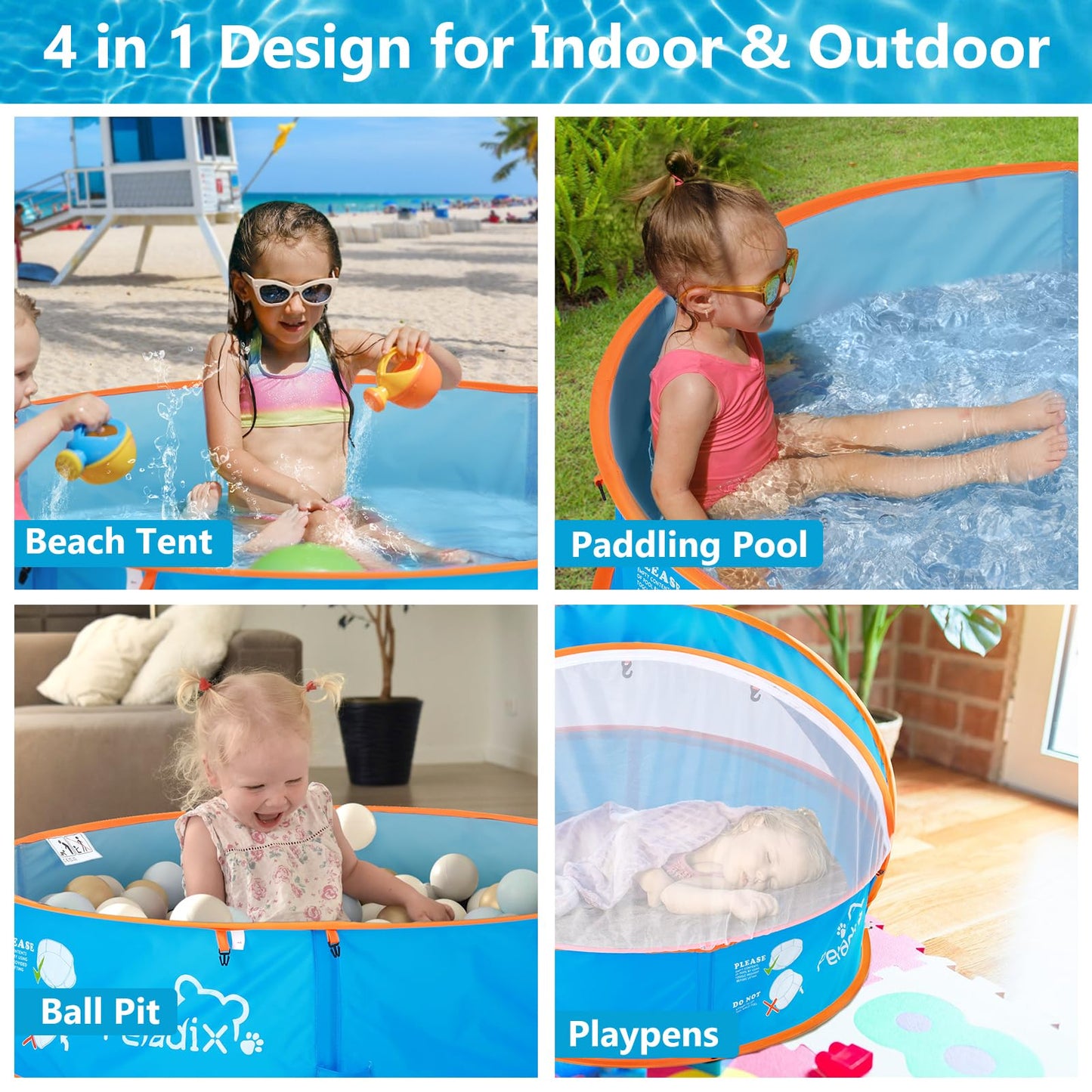 Peradix 4 in 1 Pop Up Baby Planschbecken,Babypool mit UV Schutz Bällepool, Baby Zelt Strandzelt mit Moskitonetz,Tragbare Spielzelt Bällebad Sonnenschutz Sommer für Jahre,(Blau)