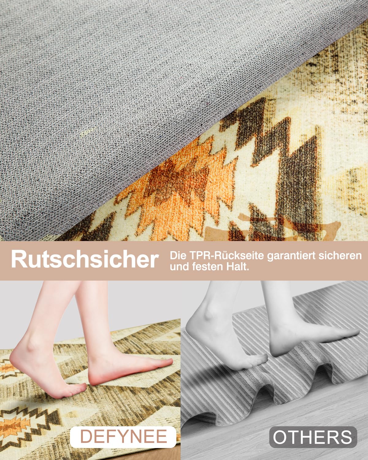 DEFYNEE Teppich Wohnzimmer 120 x 180 cm – Waschbarer Kurzflor Teppich, rutschfest, Vintage & Boho Stil, Pflegeleicht – Für Flur, Wohnzimmer, Schlafzimmer & Esszimmer, Dunkelblau