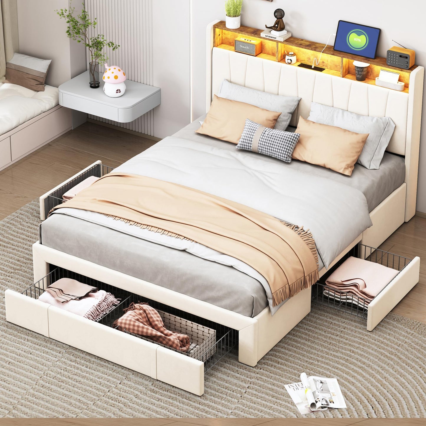 WOBOPCG Upholstered Double Bed 140 x 200, Hydraulic Storage Bed with Slatted Bases, Double Bed with Storage Space, Functional Bed with Storage Space (Grey + Flannel, 140 x 200)