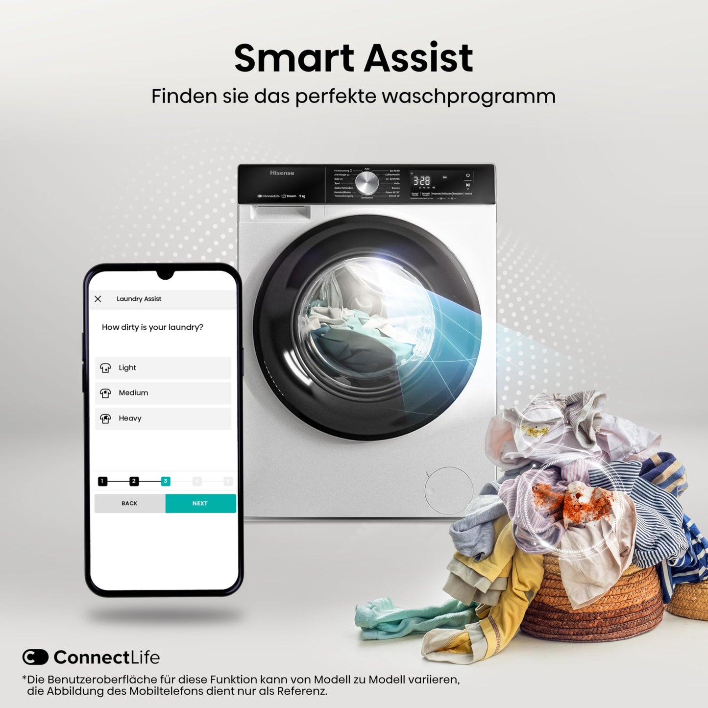 Hisense WF3S8043BB3 Waschmachine mit Dampffunkunktion, 8 kg, 1400 U,min, WIFI, ConnectLife, Power JetWash, Anti-Allergie Programm, Aqua Stop, Auto Wash, Quick Wash, EEK A-30 Prozent