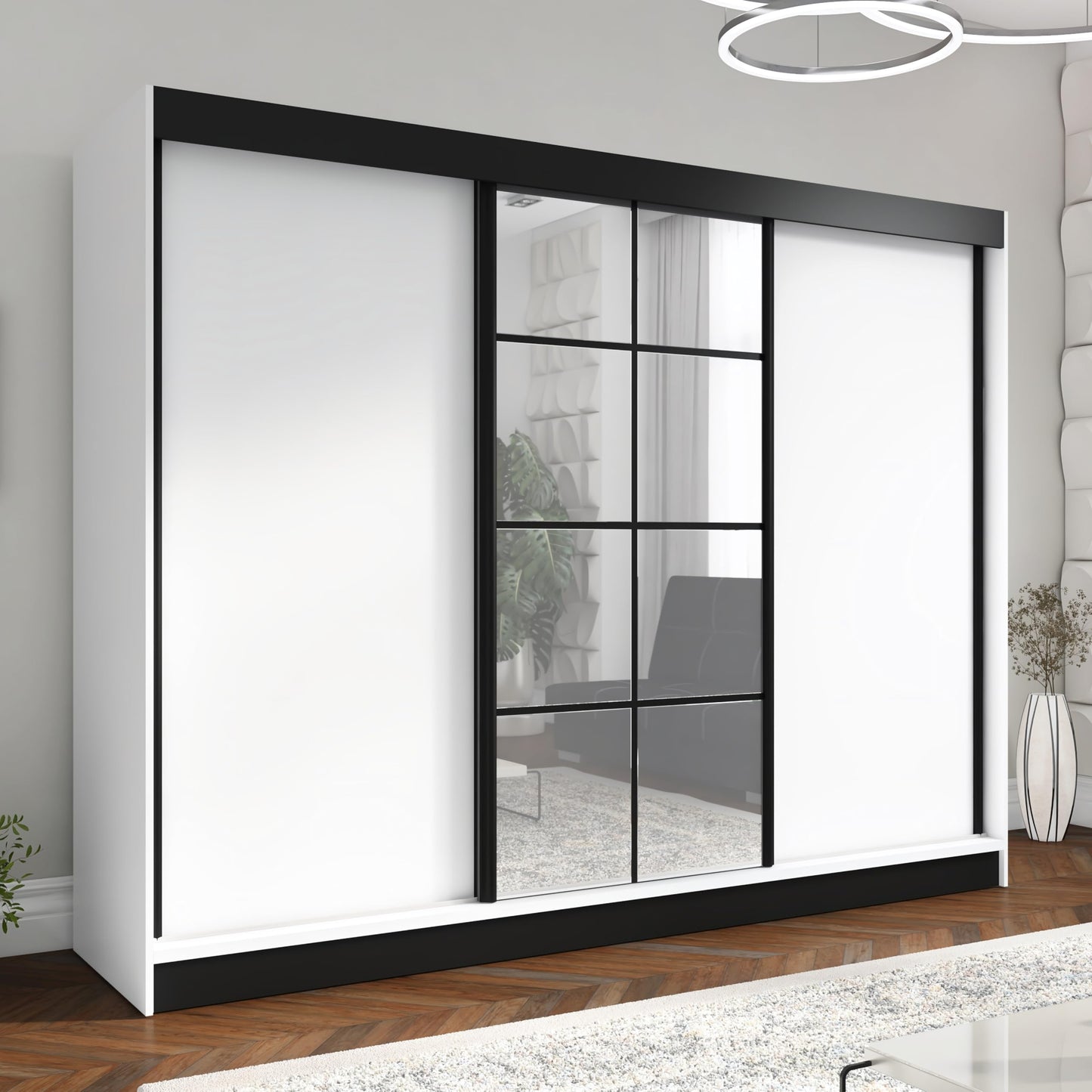 A&J MöbelLand Oravelle Sliding Door Wardrobe 3 Doors with Drawers and Mirror 200 cm (Black)