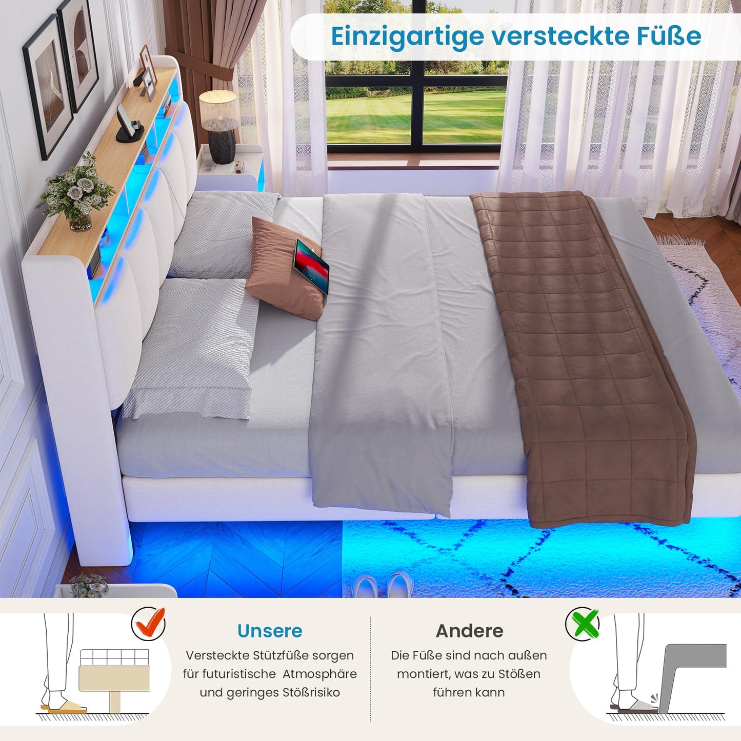 Brinlawb Upholstered Bed 140 x 200 cm Floating Bed with LED Lighting, Headboard and Charging Station (2 AC Sockets, 2 USB Ports), Bed 140 x 200 cm with Storage Space, Modern Double Bed with Slatted