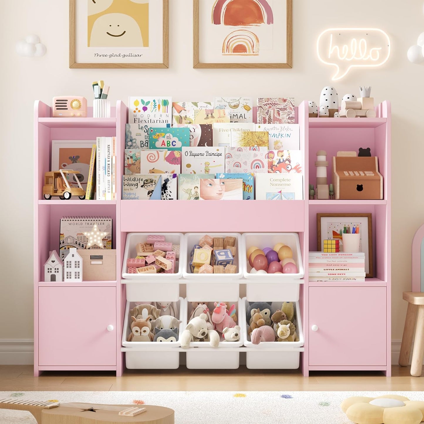 FOREHILL Children's Shelf with Children's Bookcase, Children's Room Furniture Made of Wood, Bookcase for Children with Storage Box, Children's Cabinet with Toy Box, Children's Shelf with 6 Boxes, 119