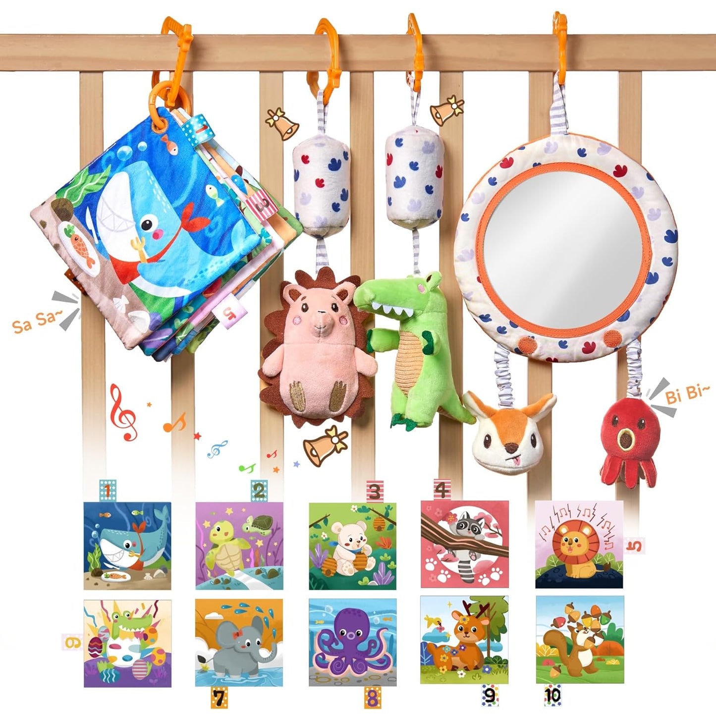 TUMAMA KIDS Baby Spielzeug mit Rassel, Spiegel, Knistertuch Buch, Sensorik Spielzeug für Kinderwagen, Kinderbett, Autositz und Bauchlage, Baby Geschenk Mädchen Junge 0-12 Monate