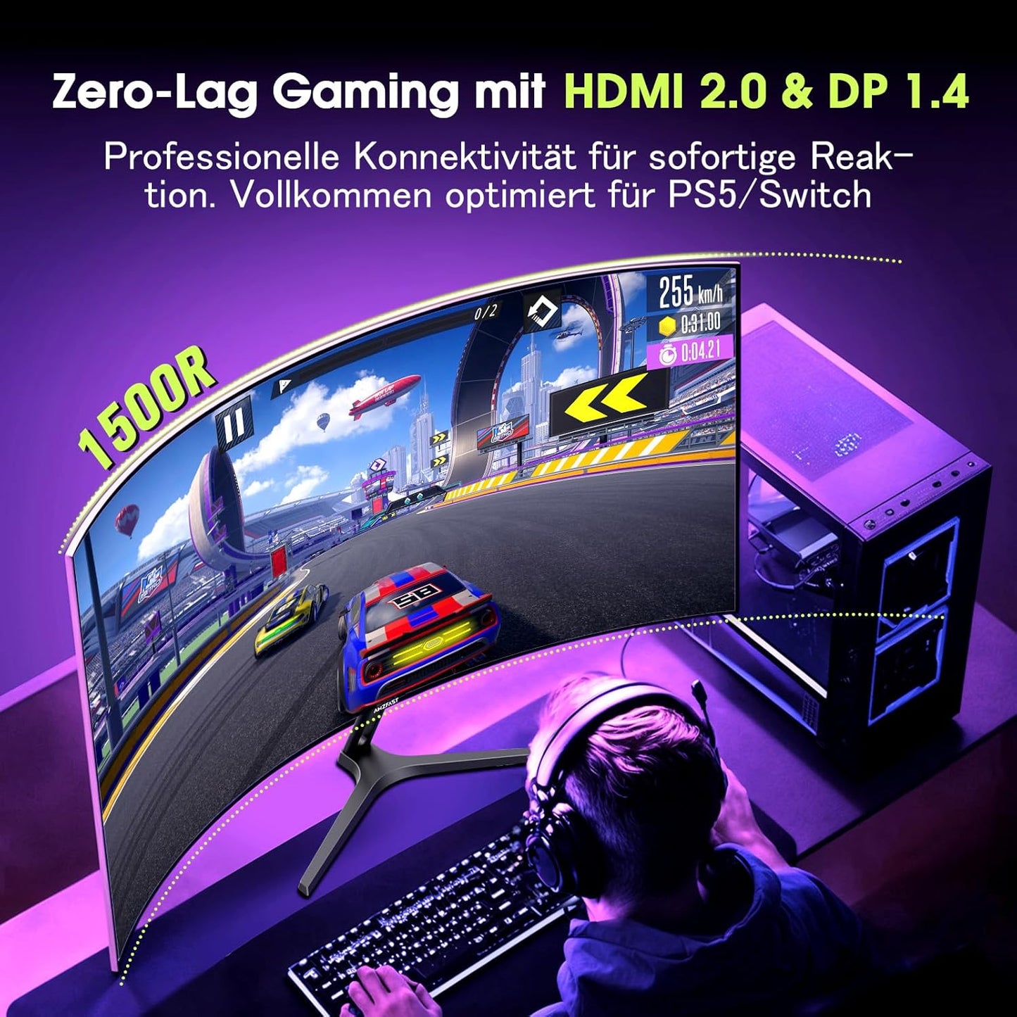 Amzfast 32 Zoll Curved Gaming Monitor (240Hz, 1920x1080, 1ms MPRT, 1500R), Adaptive-Sync, 90% DCI-P3, 120% sRGB, 300cd/m², HDMI 2.0 & DisplayPort 1.4 (AMZG32C3F)