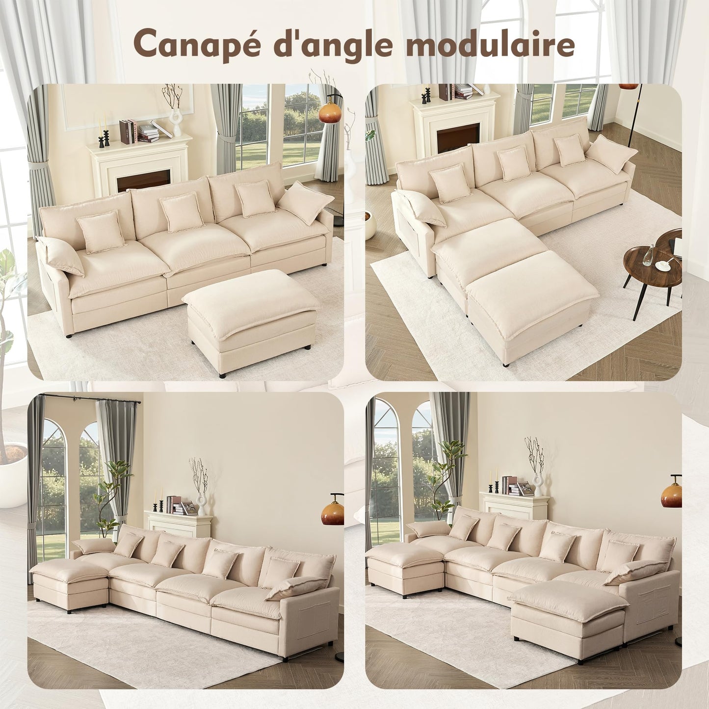 Litbird U-förmiges modulares Sofa 3-Sitzer Ecksofa mit Hocker, tiefes Sitzdesign, Cloud Couch für Wohnzimmer(Hellbraun)