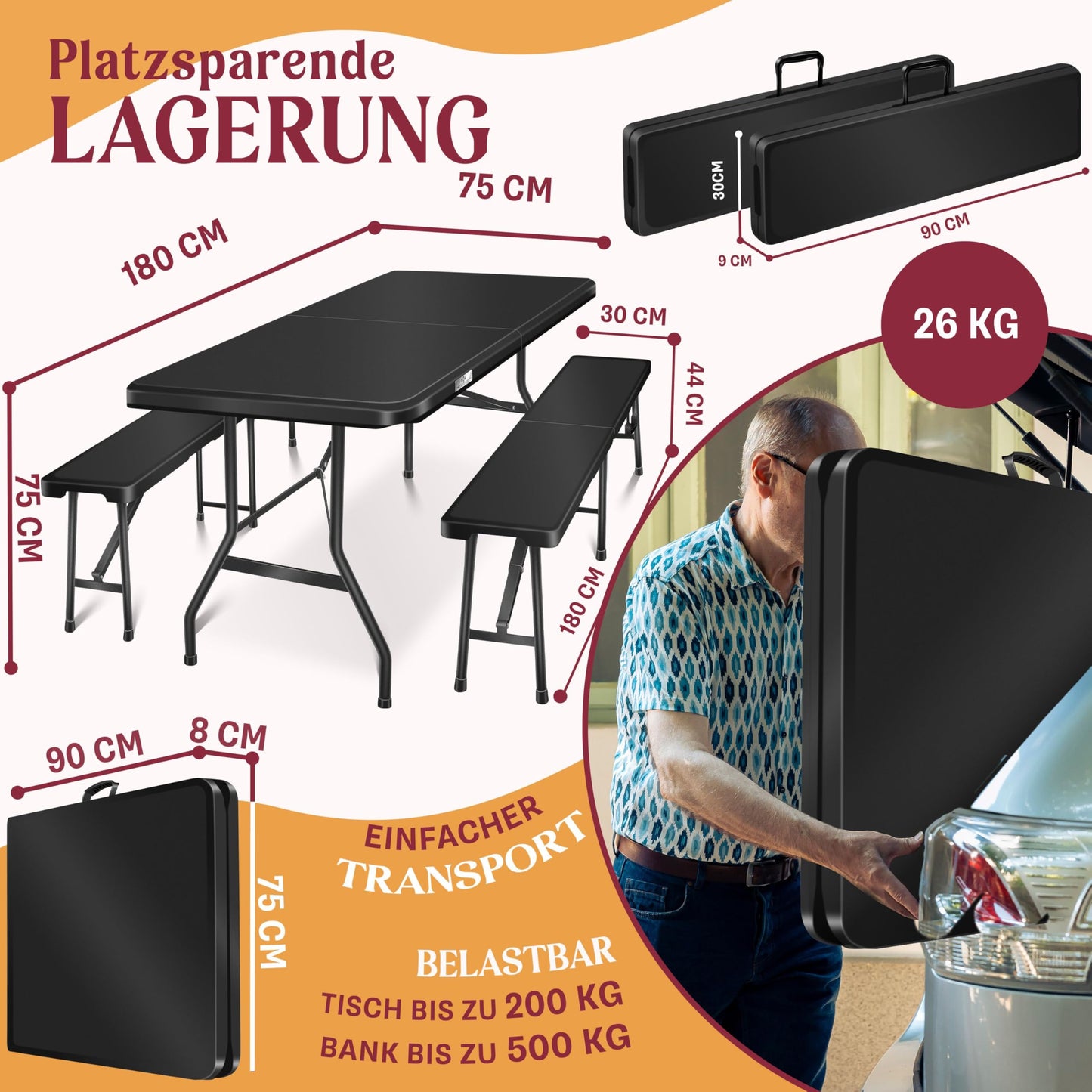 Kesser® Beer Tent Set – 3 Piece Set, Table + 2 x Bench, for Indoor / Outdoor, Folding, Carry Handles, HxWxD: 73 x 180 x 75 cm, Plastic, Rattan-Look Garden Set, Folding Table, Garden Table, Black