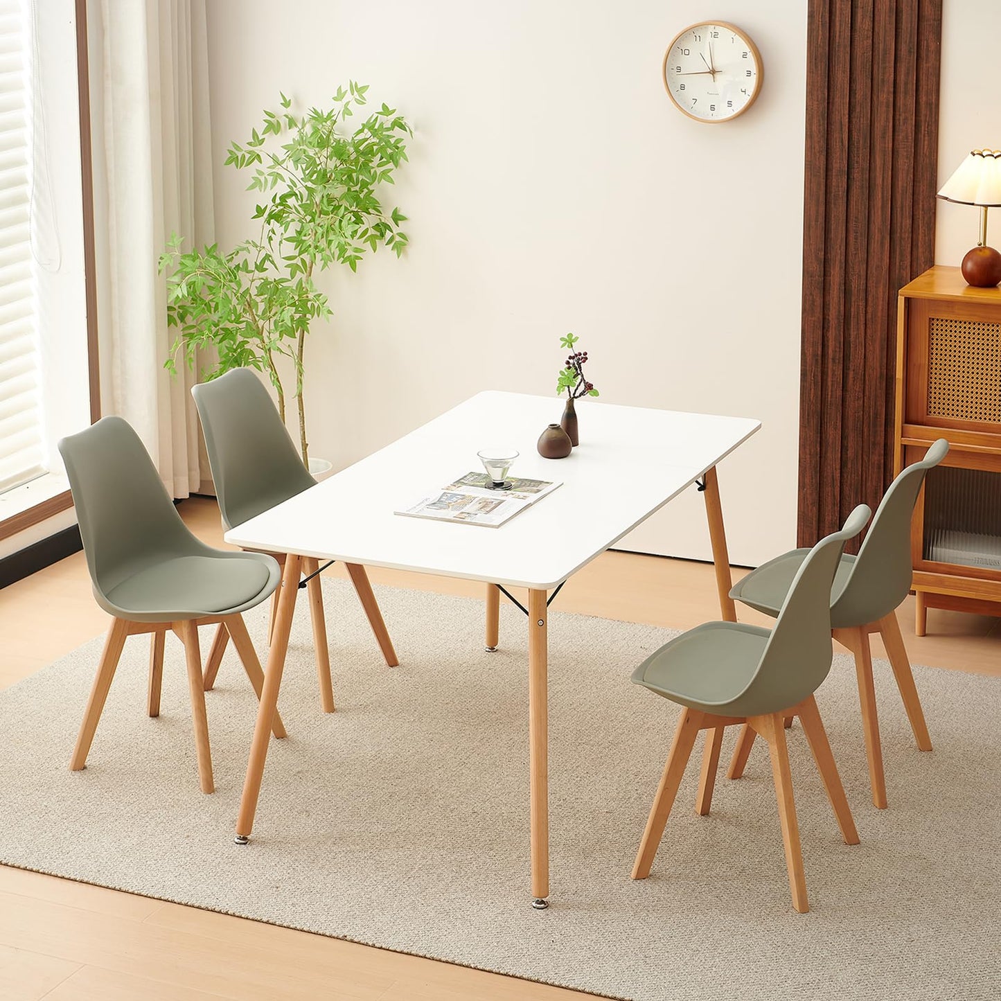 H.J WeDoo Esszimmergruppe mit 4 Essstühlen, Rechteckig Esstisch und Stühle für Esszimmer, Küche, Wohnzimmer, Weißer Esstisch und Graue Stühle