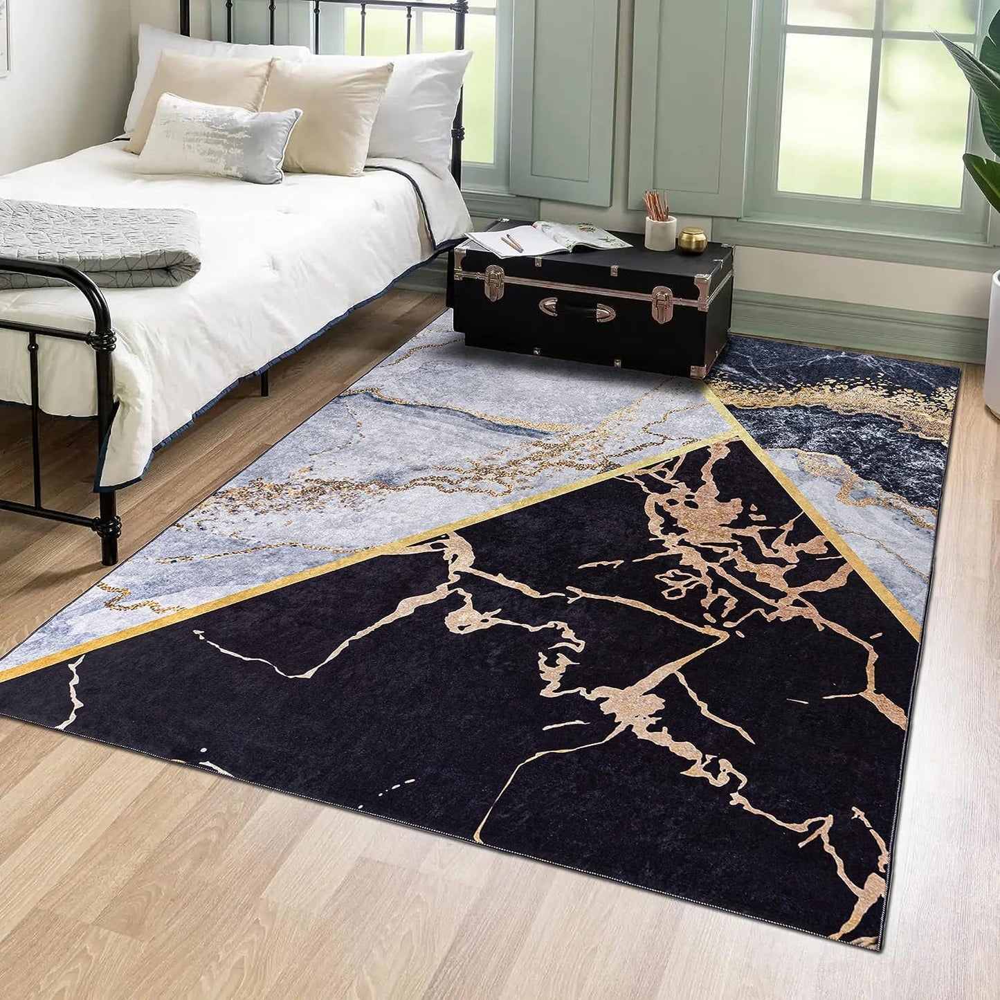 Mazovia Modern Teppich - Kurzflor Waschbar - Weich Teppich für Wohnzimmer, Schlafzimmer, Esszimmer – Teppiche Marmor Abstrakt Muster - Schwarz Gold 160 x 230 cm