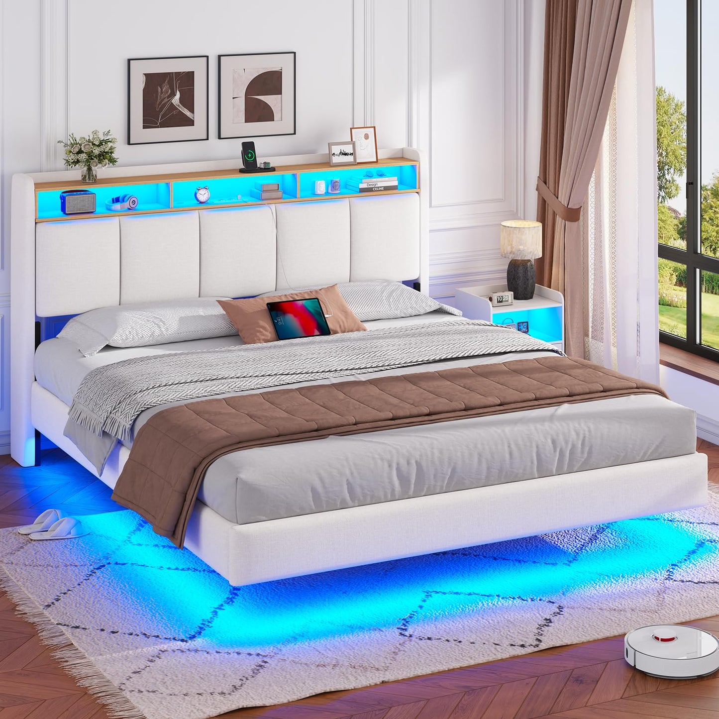 Brinlawb Upholstered Bed 140 x 200 cm Floating Bed with LED Lighting, Headboard and Charging Station (2 AC Sockets, 2 USB Ports), Bed 140 x 200 cm with Storage Space, Modern Double Bed with Slatted