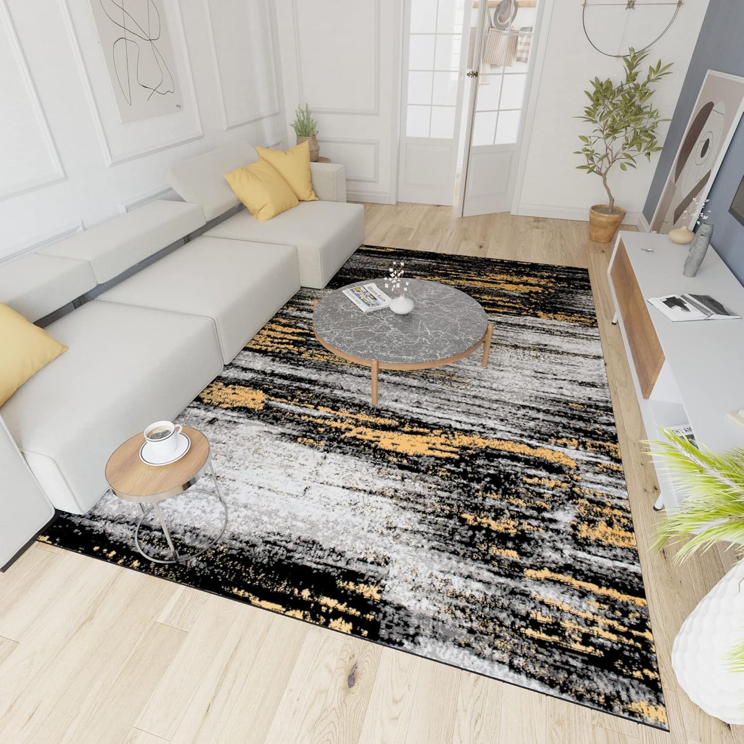 Mazovia Modern Rug, Short Pile, Oeko-Tex Rug for Living Room, Bedroom, Dining Room, Robust and Easy to Clean, Low Pile Height, Grey Yellow, 250 x 350 cm