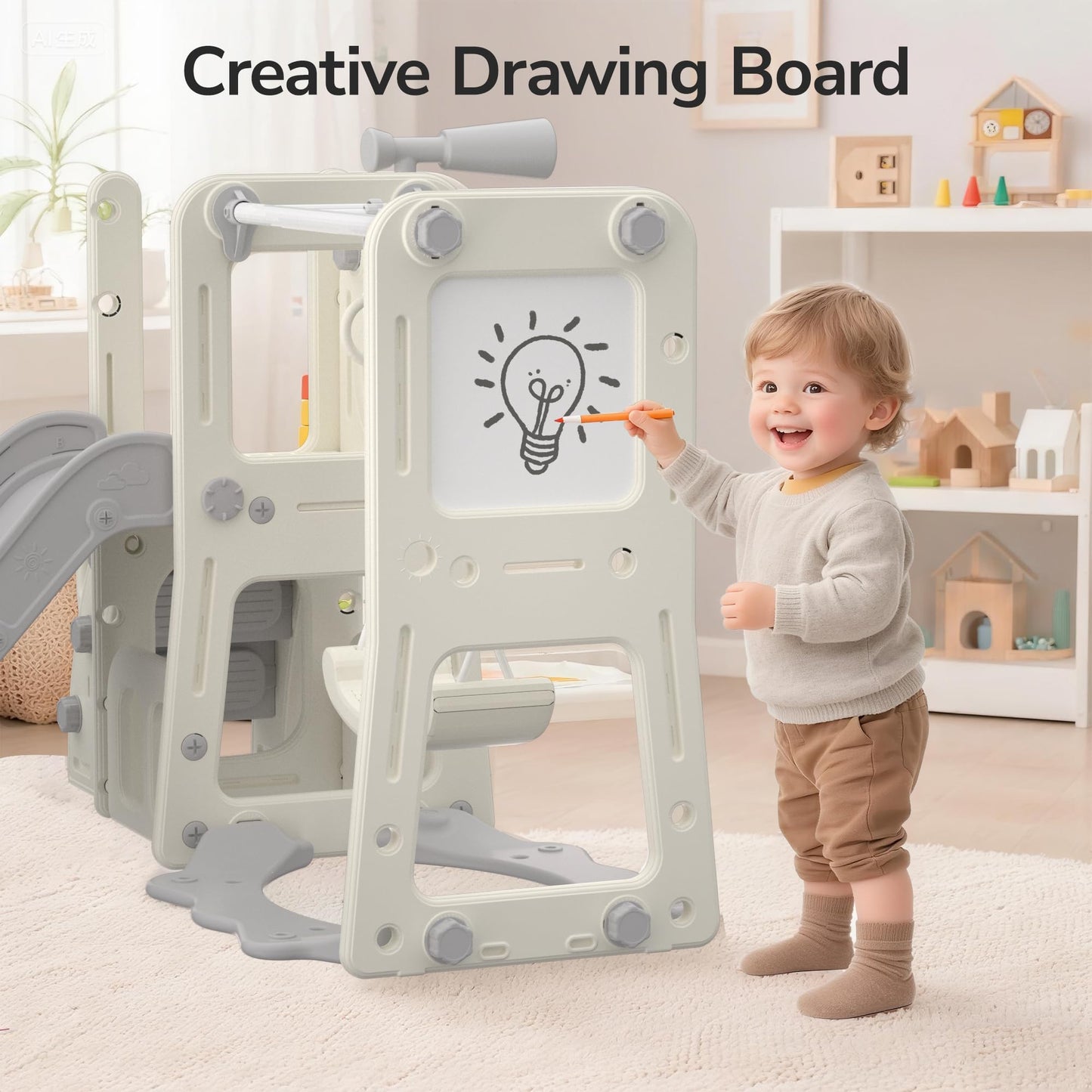 Hominewti Rutsche und Schaukel für Kinder, 8-in-1-Kinderrutsche mit Schaukel, Klettergerüst, Teleskop, Whiteboard, Basketballkorb, Freistehende Rutsche, Spielplatz für Kleinkinder, Grau