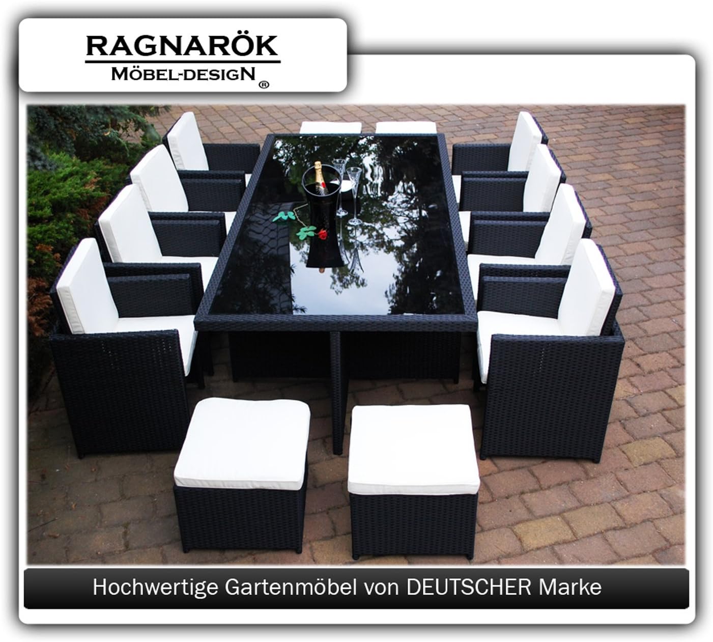 Ragnarök-Möbeldesign Wieland Premium Polyrattan Dining Set – German Manufacturer – Table Chair Stool Black Aluminium