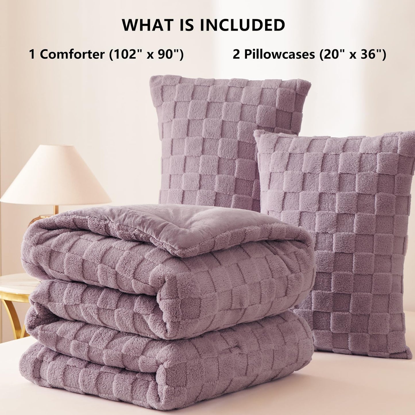 CozyLux Queen Size Comforter Set Blush Pink, Fluffy Plush Fleece Comforter with Checkered Pattern, Farmhouse Boho Soft Warm Bed Set, 3 Pieces, 1 Comforter and 2 Pillowcases