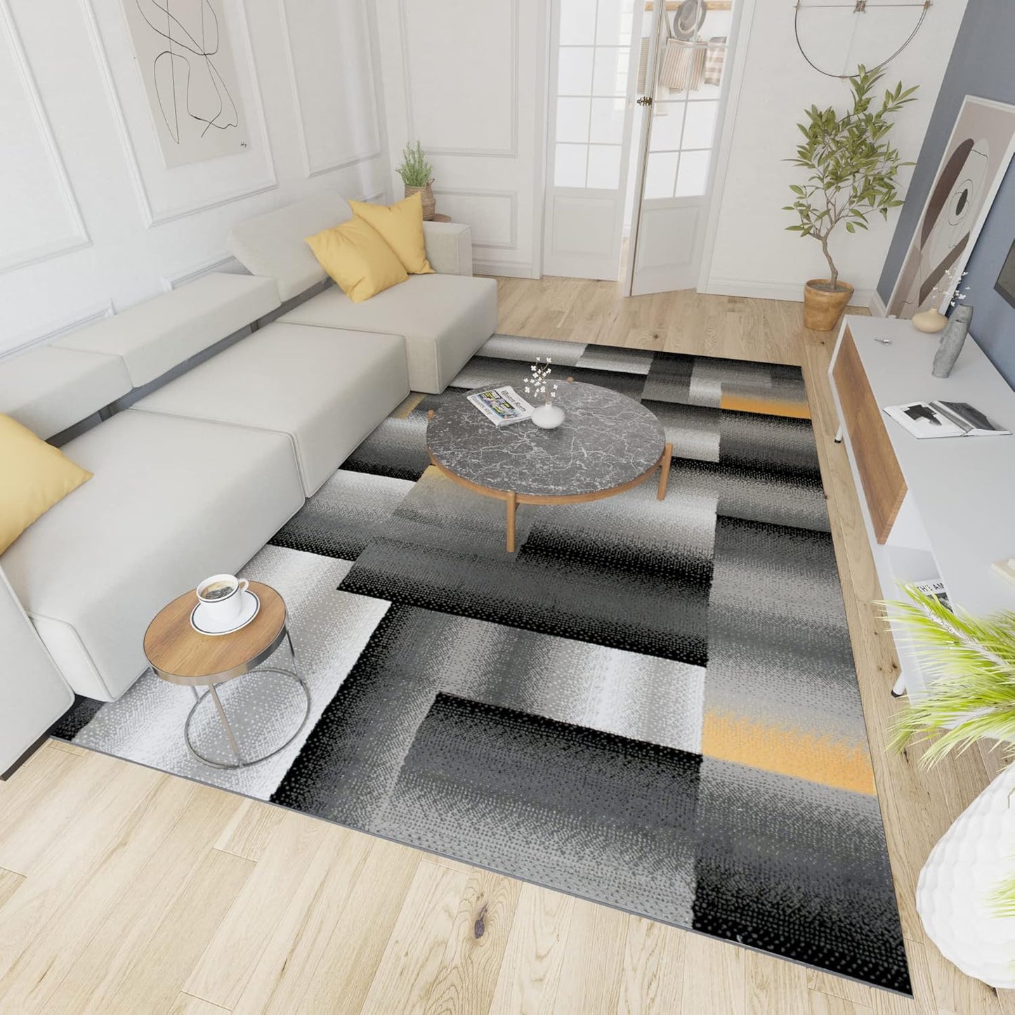 Mazovia Modern Rug, Short Pile, Oeko-Tex Rug for Living Room, Bedroom, Dining Room, Robust and Easy to Clean, Low Pile Height, Grey Yellow, 250 x 350 cm