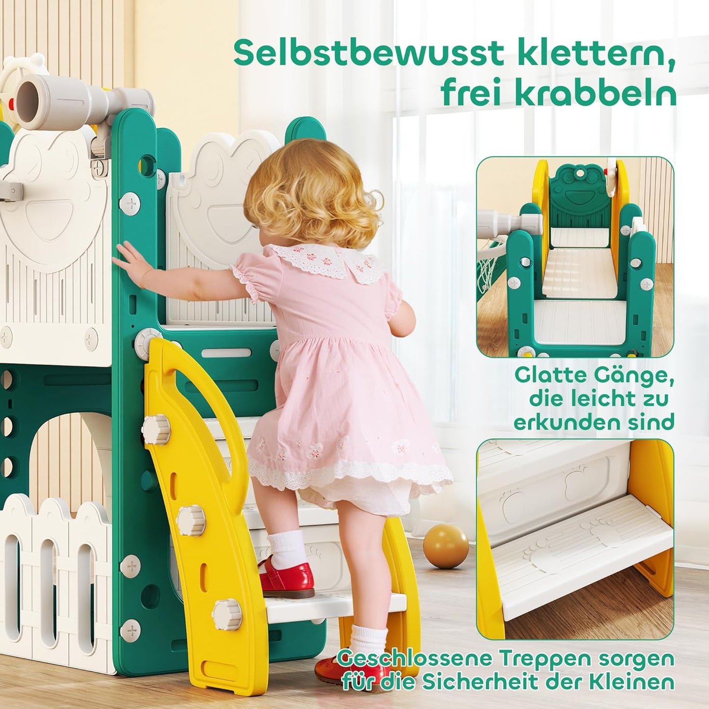 AIYAPLAY Children's Slide 7-in-1 Indoor and Outdoor Baby Slide with Basketball Hoop, Climbing Frame, Tunnel, Play Telescope, Storage Space, Drawing Board, Frog Motif Playground for Toddlers 1-3 Years