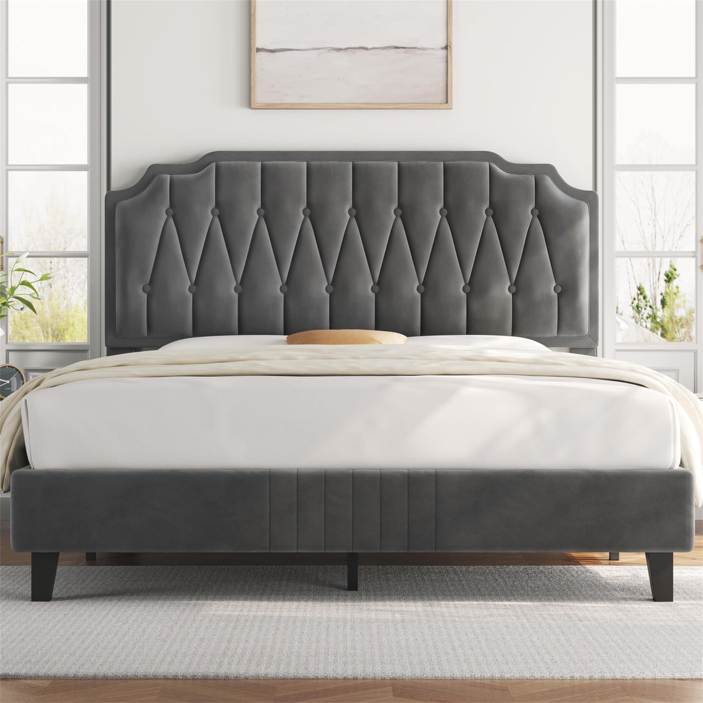 Yaheetech Upholstered Double Bed 140 x 200 cm Fabric Bed Youth Bed Padded Bed with Height-Adjustable Headboard Bed Frame with Slatted Frame, Dark Grey