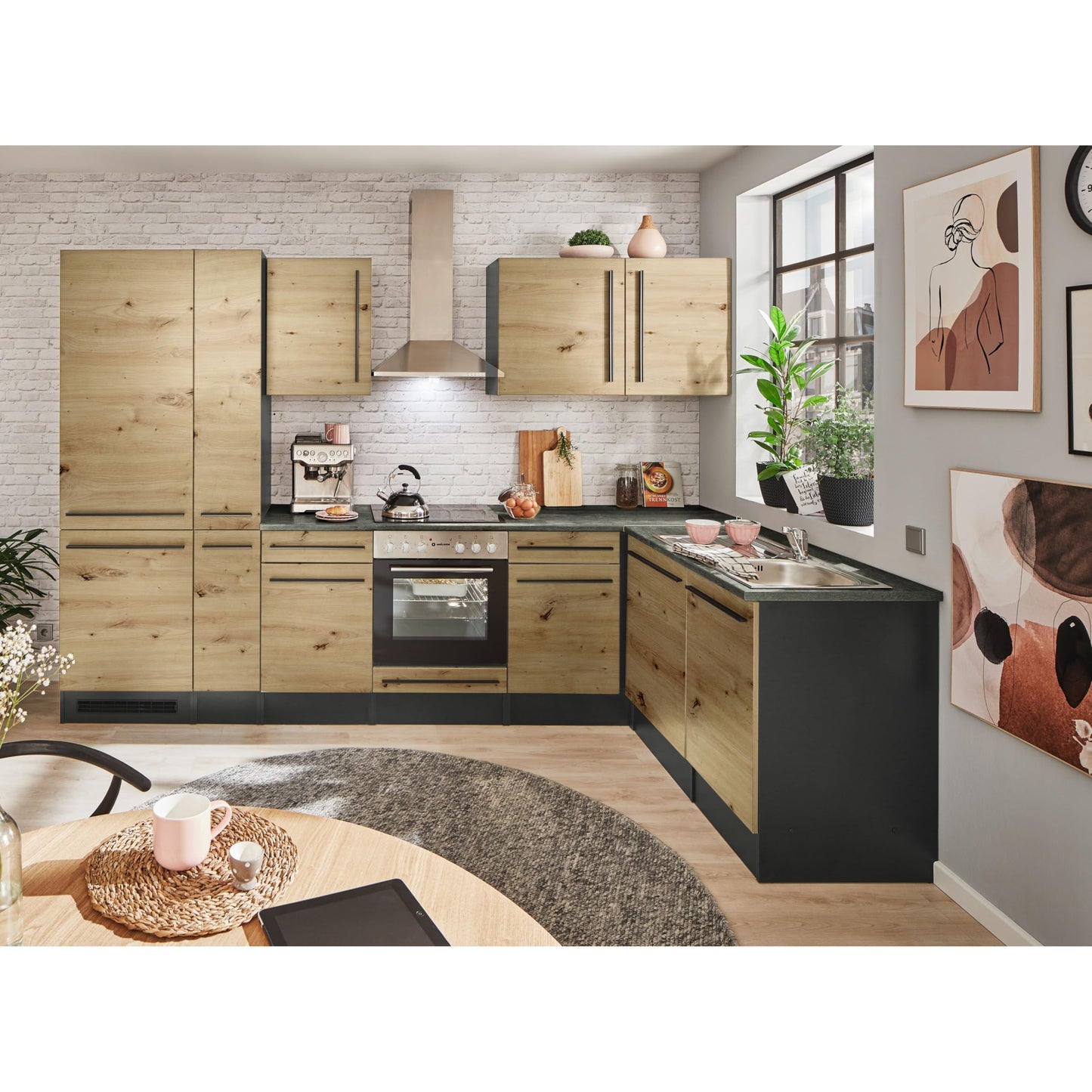 Jazz 8 Modern Corner Kitchen without Electrical Appliances in White High Gloss, Metallic Grey - Spacious Kitchen Unit in L-Shaped with Lots of Storage Space - 220 x 211 x 60 cm (W x H x D)
