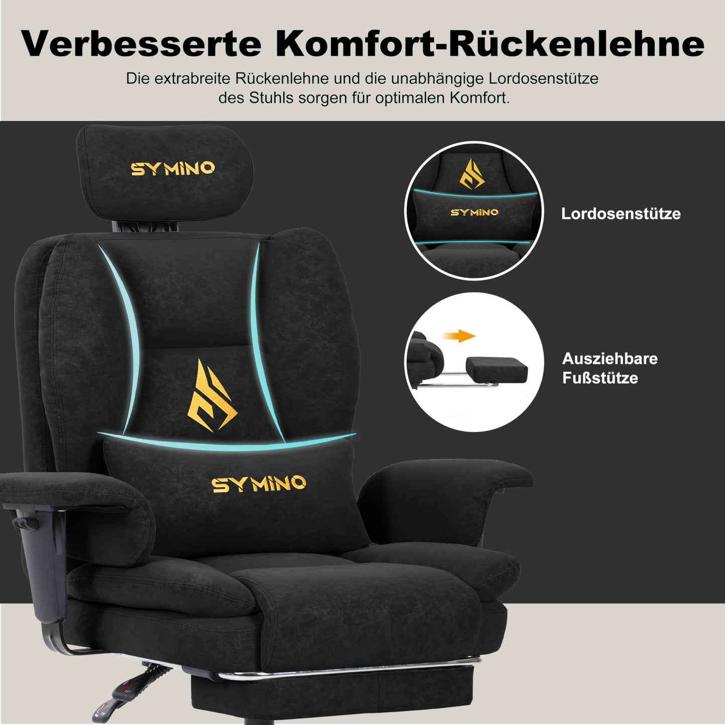 Symino Gaming Stuhl Chefsessel Bürostuhl Ergonomisch, Wildlederimitat Schreibtischstuhl mit Fußstütze Höhenverstellbarer Office Chair Computerstuhl 130kg, Schwarz