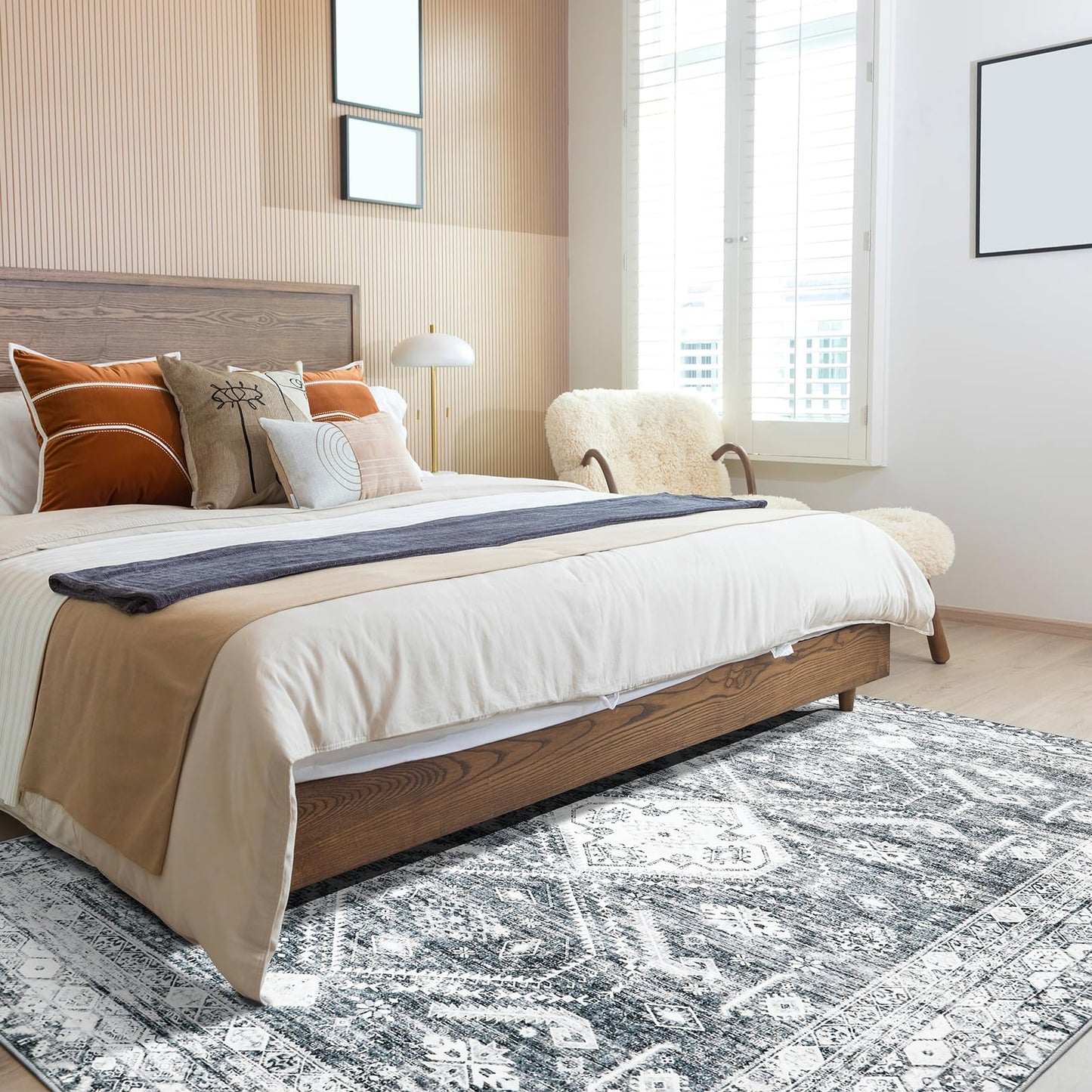 WONGS BEDDING Boho Rug Living Room Bedroom Short Pile Rugs Washable Soft Non-Slip Vintage Design