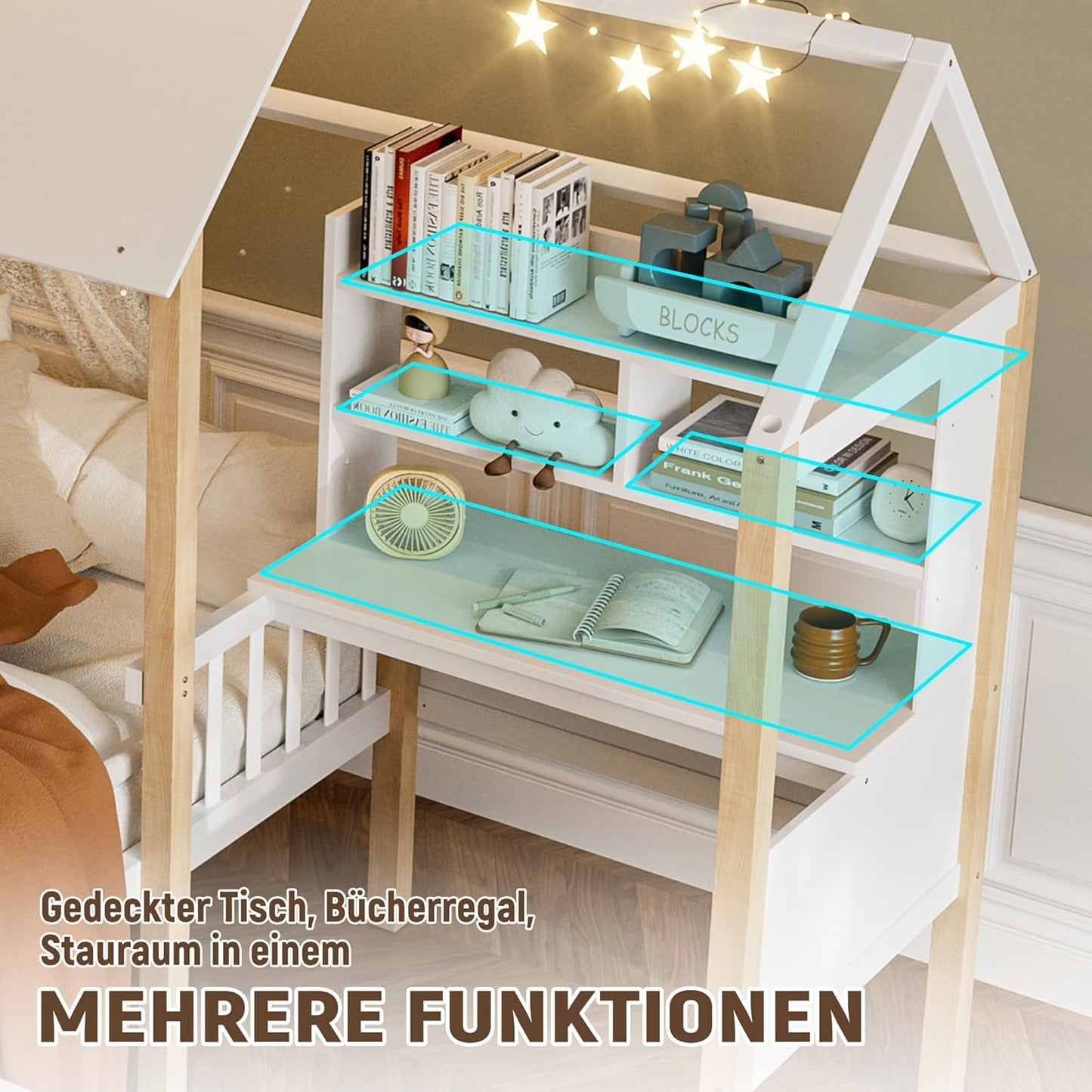 Merax Children's Bed 90 x 200 cm with Fall Protection, Children's House Bed with Drawers and Storage Shelf, Sturdy Wooden Tree House Bed with Slatted Frame, Play Bed for Boys and Girls, White