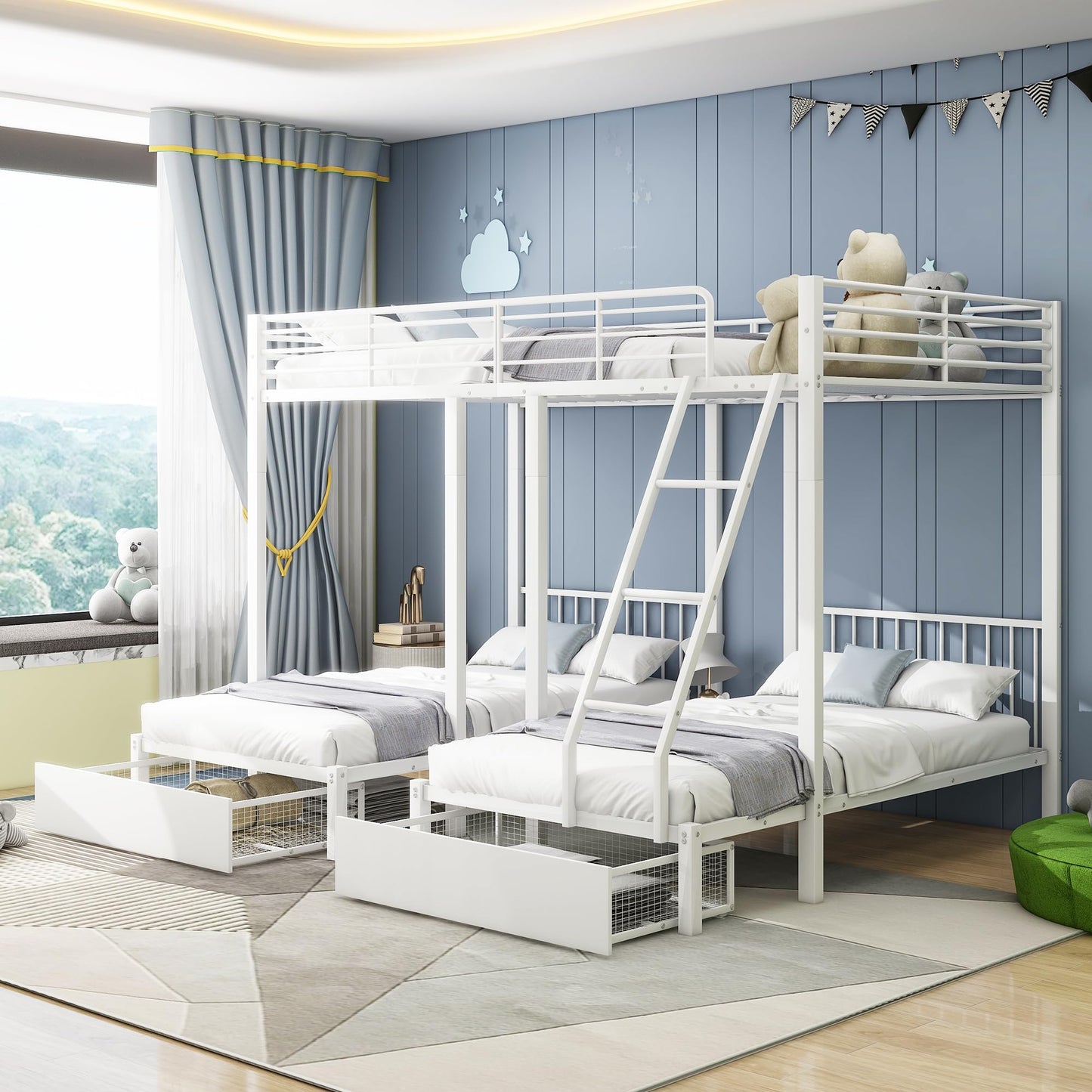 Merax Hausbett 90x200 cm mit 2 Schubladen, für 2 Kinder Doppelbett, Vielseitiges Holz Baumhausbett für Mädchen & Jungen, Stabil Spielbett Gitterbett mit Rausfallschutz und Lattenrost, Weiß