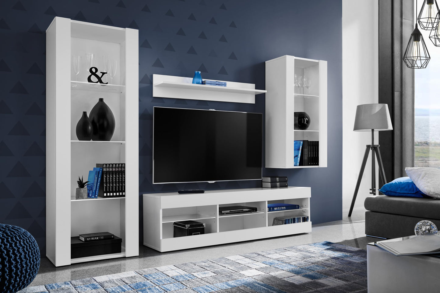 Komodee Tivoli Medio Wall Unit Living Room Set, Black/Black, Width 245 cm x Height 159 cm x Depth 35 cm, LED Blue, for Living Room, Bedroom